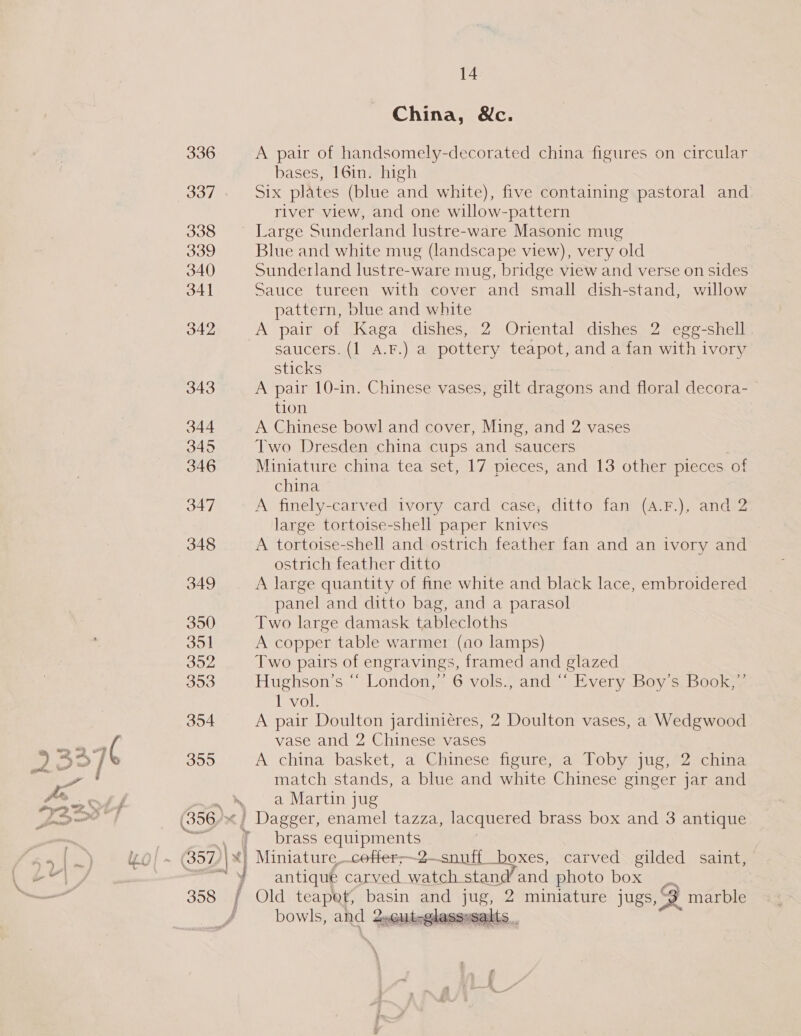 336 337 338 339 340 341 343 344 345 346 347 348 358 14 China, &amp;c. A pair of handsomely-decorated china figures on circular bases, 16in. high Six plates (blue and white), five containing pastoral and river view, and one willow-pattern Large Sunderland lustre-ware Masonic mug Blue and white mug (landscape view), very old Sunderland lustre-ware mug, bridge view and verse on sides Sauce tureen with cover and small dish-stand, willow pattern, blue and white A pair of Kaga dishes, 2 Oriental dishes 2 egg-shell saucers. (1 A.F.) a pottery teapot, and a fan with ivory sticks A pair 10-in. Chinese vases, gilt dragons and floral decora- tion A Chinese bowl and cover, Ming, and 2 vases Two Dresden china cups and saucers Miniature china tea set, 17 pieces, and 13 other pieces ‘of china A finely-carved ivory card case; ditto fan (A.F.), and 2 large tortoise-shell paper knives A tortoise-shell and ostrich feather fan and an ivory and ostrich feather ditto A large quantity of fine white and black lace, embroidered panel and ditto bag, and a parasol Two large damask tablecloths A copper table warmer (ao lamps) Two pairs of engravings, framed and glazed Hughson’s “ London,” 6 vols., and ““ Every Boy’s Book,”’ 1 vol. A pair Doulton jardiniéres, 2 Doulton vases, a Wedgwood vase and 2 Chinese vases A china basket, a Chinese figure, a Toby jug, 2 china match stands, a blue and white Chinese ginger jar and a Martin jug brass equipments antique carved watch stand’ and photo box ? Old teapot, basin and Jus, 2 miniature jugs, 3 marble bowls, and 2»eut-glassesalts. 