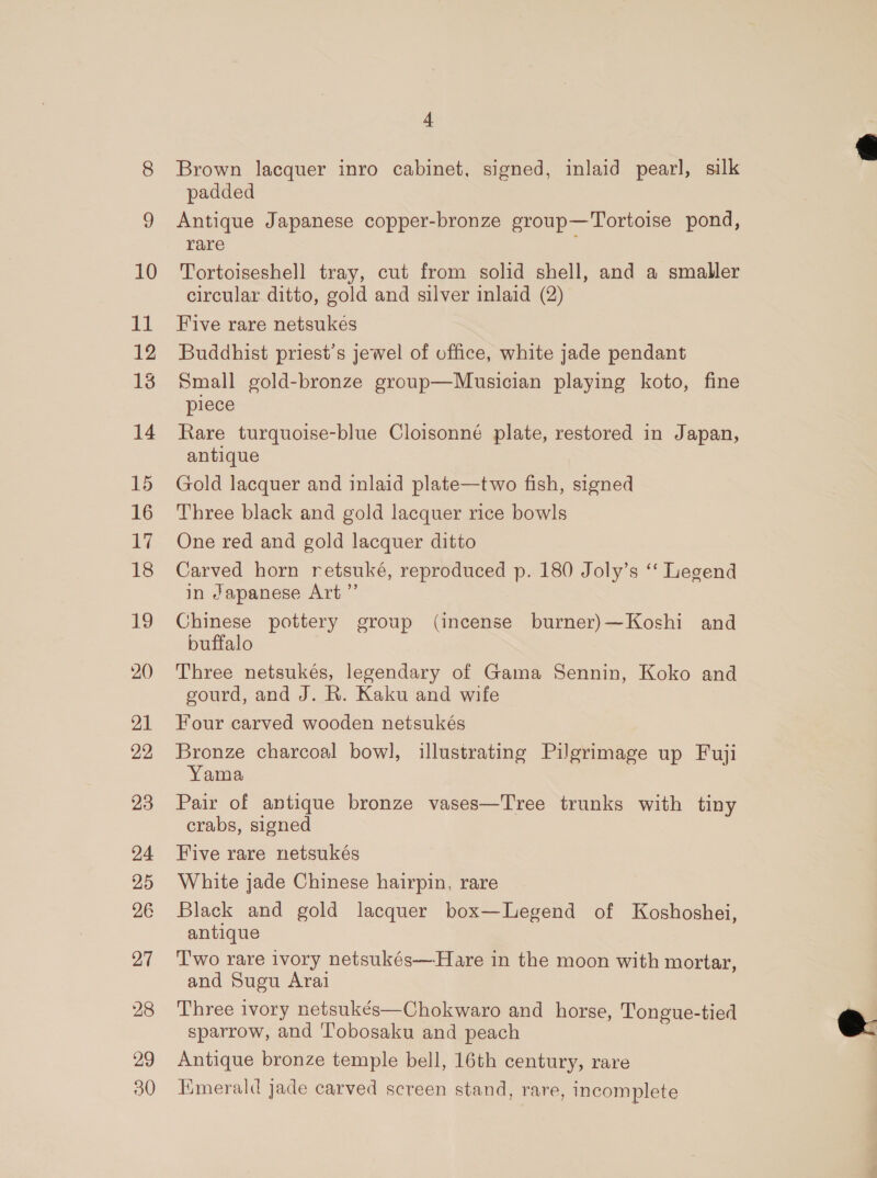 10 ta 12 14 15 16 17 18 19 20 21 22 23 24 25 26 27 28 29 30 4 Brown lacquer inro cabinet, signed, inlaid pearl, silk padded Antique Japanese copper-bronze group—Tortoise pond, rare . Tortoiseshell tray, cut from solid shell, and a smaller circular ditto, gold and silver inlaid (2) Five rare netsukes Buddhist priest's jewel of office, white jade pendant Small gold-bronze group—Musician playing koto, fine piece Rare turquoise-blue Cloisonné plate, restored in Japan, antique Gold lacquer and inlaid plate—two fish, signed Three black and gold lacquer rice bowls One red and gold lacquer ditto Carved horn retsuké, reproduced p. 180 Joly’s ‘‘ Legend in Japanese Art” Chinese pottery group (incense burner)—Koshi and buffalo Three netsukés, legendary of Gama Sennin, Koko and gourd, and J. R. Kaku and wife Four carved wooden netsukés Bronze charcoal bowl, illustrating Pilgrimage up Fuji Yama Pair of antique bronze vases—Tree trunks with tiny crabs, signed Five rare netsukés White jade Chinese hairpin, rare Black and gold lacquer box—Legend of Koshoshei, antique Two rare ivory netsukés—Hare in the moon with mortar, and Sugu Arai Three ivory netsukés—Chokwaro and horse, Tongue-tied sparrow, and ‘l'obosaku and peach Antique bronze temple bell, 16th century, rare Hmerald jade carved screen stand, rare, incomplete  