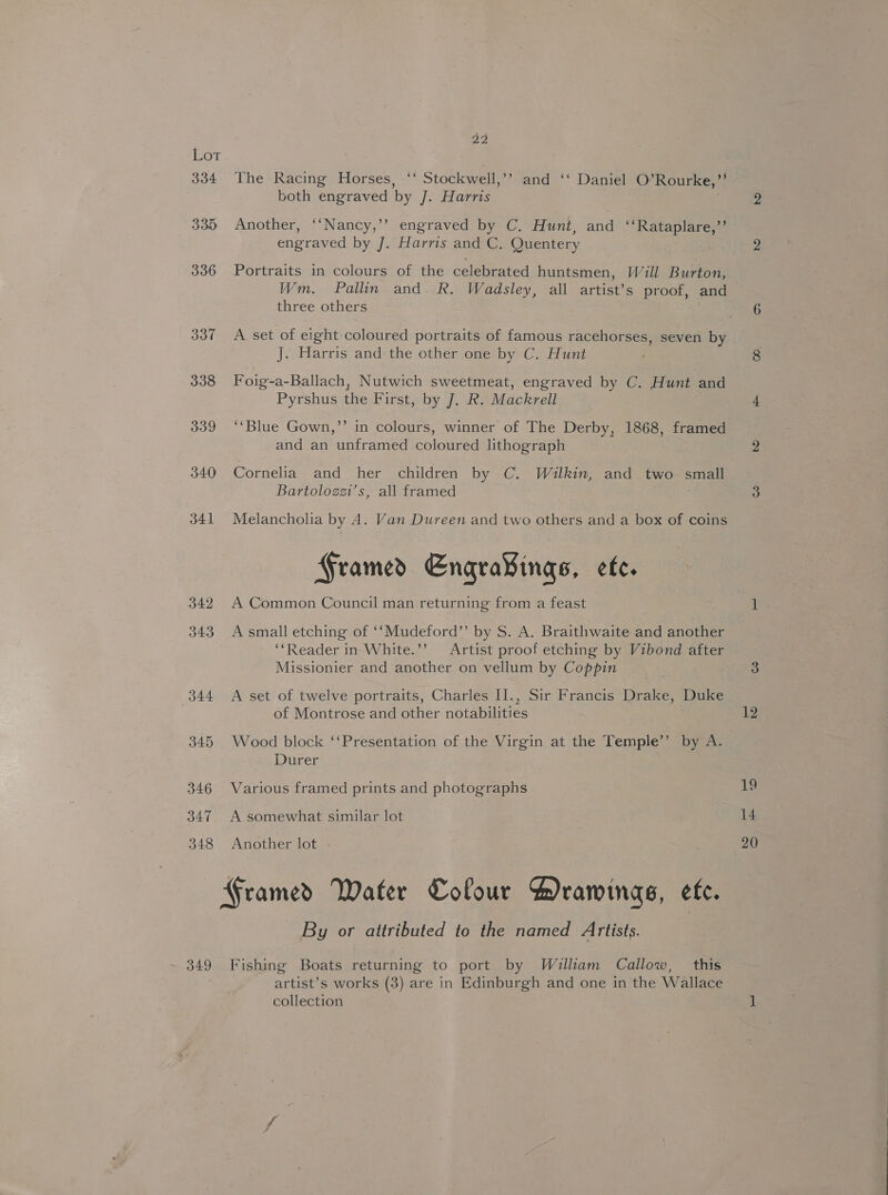 349 2B; The Racing Horses, ‘‘ Stockwell,’? and ‘‘ Daniel O’Rourke,’”’ both engraved by J. Harris . Another, ‘‘Nancy,’’ engraved by C, Hunt, and ‘‘Rataplare,’’ engraved by J. Harris and C. Quentery Portraits in colours of the celebrated huntsmen, Will Burton, Wm. Pallin and. R. Wadsley, all artist’s proof, and three others A set of eight-coloured portraits of famous racehorses, seven by J. Harris and the other one by C. Hunt Foig-a-Ballach, Nutwich sweetmeat, engraved by C. Hunt and Pyrshus the First, by J. R. Mackrell | ‘Blue Gown,’’ in colours, winner of The Derby, 1868, framed and an unframed coloured lthograph Cornelia and her children by C. Wilkin, and two- small Bartolozgzi’s, all framed Melancholia by A. Van Dureen and two others and a box of coins Framed Engra¥ings, ete. A Common Council man returning from a feast A small etching of ‘‘Mudeford’’ by S. A. Braithwaite and another ‘‘Reader in White.’’ Artist proof etching by Vibond after Missionier and another on vellum by Coppin of Montrose and other notabilities Wood block ‘‘Presentation of the Virgin at the Temple’’ by A. Durer Various framed prints and photographs A somewhat similar lot Another lot By or attributed to the named Artists. Fishing Boats returning to port by Walliam Callow, this artist’s works (3) are in Edinburgh and one in the Wallace collection (oN) 12 19 14 20
