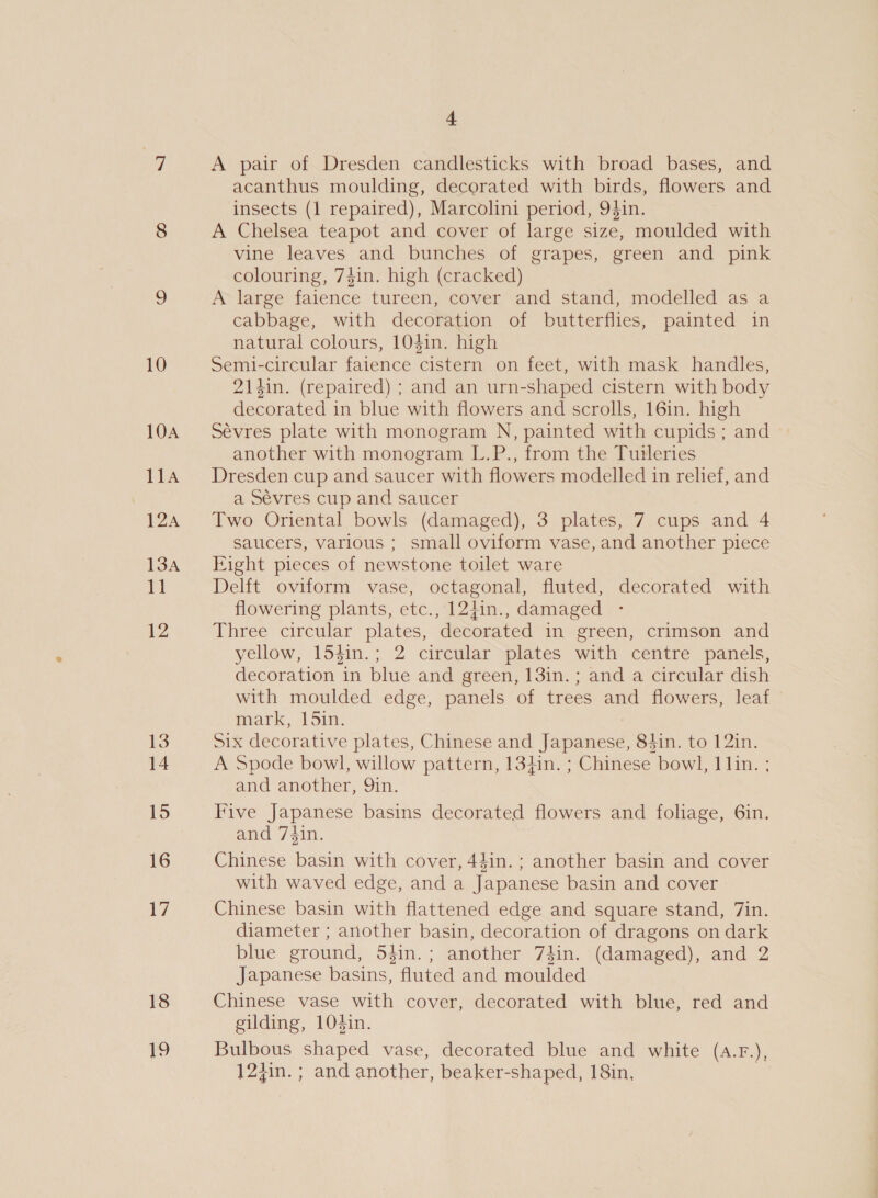 10 10A TTA 12A 13A Tr 12 13 14 15 16 17 18 eg) 4 A pair of Dresden candlesticks with broad bases, and acanthus moulding, decorated with birds, flowers and insects (1 repaired), Marcolini period, 94in. A Chelsea teapot and cover of large size, moulded with vine leaves and bunches of grapes, green and pink colouring, 74in. high (cracked) A large faience tureen, cover and stand, modelled as a cabbage, with decoration of butterflies, painted in natural colours, 104in. high Semi-circular faience cistern on feet, with mask handles, 214in. (repaired) ; and an urn-shaped cistern with body decorated in blue with flowers and scrolls, 16in. high Sévres plate with monogram N, painted with cupids ; and another with monogram L.P., from the Tuileries Dresden cup and saucer with flowers modelled in relief, and a Sévres cup and saucer Two Oriental bowls (damaged), 3 plates, 7 cups and 4 saucers, various ; small oviform vase, and another piece Eight pieces of newstone toilet ware Delft oviform vase, octagonal, fluted, decorated with flowering plants, etc., 12}in., damaged - Three circular plates, decorated in green, crimson and yellow, 154in.; 2 circular plates with centre panels, decoration in blue and green, 13in.; and a circular dish with moulded edge, panels of trees and flowers, leaf mark, 151i. Six decorative plates, Chinese and Japanese, 84in. to 12in. A Spode bowl, willow pattern, 13iin. ; Chinese bowl, 1 lin. ; and another, Qin. Five Japanese basins decorated flowers and foliage, 6in. and 74in. Chinese basin with cover, 44in.; another basin and cover with waved edge, and a Japanese basin and cover Chinese basin with flattened edge and square stand, 7in. diameter ; another basin, decoration of dragons on dark blue ground, S4in.; another 74in. (damaged), and 2 Japanese basins, fluted and moulded Chinese vase with cover, decorated with blue, red and gilding, 104in. Bulbous shaped vase, decorated blue and white (a.F.), 12}in. ; and another, beaker-shaped, 18in,