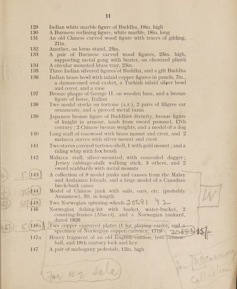 129 Indian white marble figure of Buddha, 19in. high 130 A Burmese reclining figure, white marble, 18in. long 131 An old Chinese carved wood es with traces of gilding, Zhan. 132 Another, on lotus stand, 25in. 133 A pair of Burmese carved wood figures, 25in. high, supporting metal gong with beater, on ebonized plinth 134 A circular mounted brass tray, 231n. 135 Three Indian silvered figures of Buddha, and a gilt Buddha 136 Indian brass bow] with inlaid copper figures in panels, 7in., a damascened oval casket, a Turkish inlaid silyer bowl and cover, and a vase © 137 Bronze plaque of George II. on wooden base, and a bronze figure of horse, Italian 138 Two model storks on tortoise (A.F.), 2 pairs of filigree ear ornaments, and a pierced metal tazza 139 Japanese bronze figure of Buddhist divinity, bronze ficure of knight in armour, knob from sword pommel, 17th century ; 2 Chinese bronze weights, and a model of a dog 140 Long staff of rosewood with brass mount and crest, and 2 malacca staves with silver mount and crest 141 Two staves covered tortoise-shell, | with gold mount ; anda riding whip with fox brush 142 Malacca staff, silver-mounted, with concealed dagger; Jersey cabbage-stalk walking stick, 3 others,.and 2 | y sword scabbards with metal mounts a C (143 A collection of 9 model junks and canoes from the Malay | , and Andaman Islands, and a large model of a Canadian YT ome birch-bark canoe 75-144) Model of Chinese junk with sails, oars, etc. (probably Ps bers Annamese), 5ft. in length ‘: fA) =/445} Two Norwegian spinning-wheels 26661 VY 2~ nae 146 Norwegian fishing-kit with basket, water-bucket, 2 counting-frames (Abacci), and a Norwegian tankard, oo dated 1826 i (146A ‘Two copper engraved plates (1 for playing-cards), anda aaa specimen of Norwegian copper currency, 1719, Qy¢y yy i). 15]-- 1474 . Heavy fragment of an old English*catinon, iron” catmon=” ball, and 18th century lock and key 147 A pair of mahogany pedestals, 12in. high