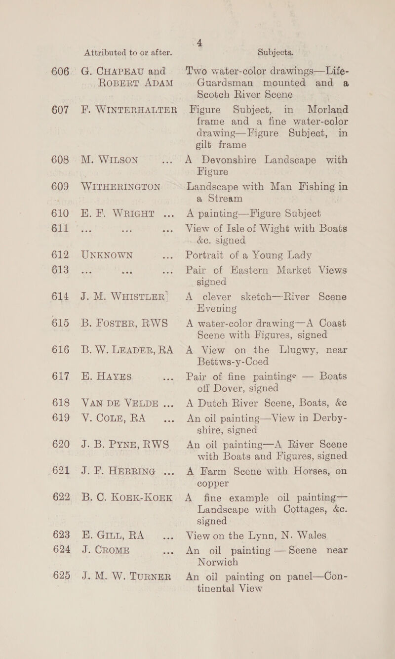 607 608 609 610 611 612 613 614 615 616 617 618 619 620 621 622 623 624 625 Attributed to or after. G. CHAPEAU and ROBERT ADAM F. WINTERHALTER M. WILSON WITHERINGTON EK. F. WRIGHT UNKNOWN J. M. WHISTLER| B. FostER, RWS B. W. LEADER, RA EK. HAYES VAN DE VELDE ... V. CoLz, RA J: BD. EYNE. AWS J: H PRRRRING i. B. C. KOEK-KOEK Hy. Giun, RA. J. CROME J. M. W. TURNER of Subjects. Two water-color drawings—Life- Guardsman mounted and a Scotch River Scene | Figure Subject, in Morland frame and a fine water-color drawing—Figure Subject, in gilt frame A Devonshire Landscape with Figure Landscape with Man Fishing in a Stream A painting—Figure Subject View of Isle of Wight with Boats &amp;e. signed Portrait of a Young Lady Pair of Eastern Market Views signed A clever sketch—River Scene Evening A water-color drawing—A Coast Scene with Figures, signed A View on the Llugwy, near Bettws-y-Coed Pair of fine paintings — Boats otf Dover, signed A Dutch River Scene, Boats, &amp;e An oil painting—View in Derby- shire, signed An oil painting—A River Scene with Boats and Figures, signed A Farm Scene with Horses, on copper A fine example oil painting— Landscape with Cottages, &amp;e. signed View on the Lynn, N. Wales An oil painting — Scene near Norwich An oil painting on panel—Con- tinental View
