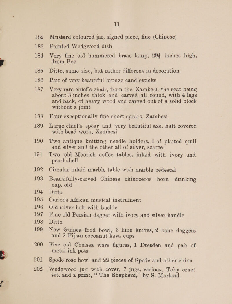 183 184 185 186 187 188 189 190 192 193 194 195 196 197 198 199 200 202 fl Mustard coloured jar, signed piece, fine (Chinese) Painted Wedgwood dish Very fine old hammered brass lamp, 294 inches high, from Fez Ditto, same size, but rather different in decoration Pair of very beautiful bronze candlesticks Very rare chief's chair, from the Zambesi, the seat being about 3 inches thick and carved all round, with 4 legs and back, of heavy wood and carved out of a solid block without a joint Four exceptionally fine short spears, Zambesi Large chief’s spear and very beautiful axe, haft covered with bead work, Zambesi Two antique knitting needle holders, | of plaited quill and silver and the other all of silver, scarce Two old Moorish coffee tables, inlaid with ivory and pearl shell Circular inlaid marble table with marble pedestal Beautifully-carved Chinese rhinoceros horn drinking cup, old Ditto Curious African musical instrument Old silver belt with buckle Fine old Persian dagger wilh ivory and silver handle Ditto New Guinea food bowl, 3 lime knives, 2 bone daggers and 2 Fijian cocoanut kava cups Five old Chelsea ware figures, 1 Dresden and pair of metal ink pots Spode rose bowl and 22 pieces of Spode and other china Wedgwood jug with cover, 7 jugs, various, Toby cruet set, and a print, ‘‘ The Shepherd,” by S. Morland