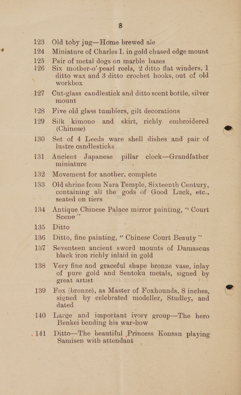 124 125 126 127 128 129 130 131 132 153 134 135 136 138 139 140 . 141 8 Old toby jug—Home brewed ale Miniature of Charles I. in gold chased edge mae Pair of metal dogs on marble bases Six mother-o’-pearl reels, 2 ditto flat winders, 1 ditto wax and 3 ditto crochet hooks, out of old workbox : Cut-glass candlestick and ditto scent bottle, silver | mount Five old glass tumblers, gilt decorations Silk kimono and_ skirt, richly embroidered (Chinese) Set of 4 Leeds ware shell dishes and pair of lustre candlesticks Ancient Japanese pillar clock—Grandfather miniature Movement for another, complete Old shrine from Nara Temple, Sixteenth Century, containing all the Rode of Good Luck, etc., seated on tiers Antique Chinese Palace mirror painting, ‘“‘ Court Scene ” Ditto Ditto, fine painting, “ Chinese Court Beauty ” Seventeen ancient sword mounts of Damascus black iron richly inlaid in gold Very fine and graceful shape bronze vase, inlay of pure gold and Sentoku metals, signed by great artist Fox (bronze), as Master of Foxhounds, 8 inches, signed by celebrated modeller, Studley, and dated Large and important ivory eroup—The hero Benkei bending his war-bow Ditto—The beautiful Princess Konsan playing Samisen with attendant