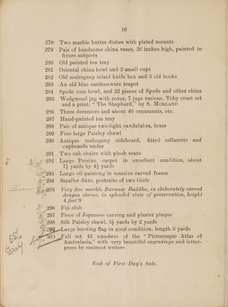      278 279 280 281 252 283 284 285 236 287 288 289 290 291 2 =    16 Two marble butter dishes with plated mounts Pair of handsome china vases, 26 inches high, dias in figure subjects Old painted tea tray Oriental china bowl and 2 small cups Old mahogany inlaid knife box and 3 old books An old blue earthenware teapot Spode rose bowl, and 22 pieces of Spode and other china Wedgwood jug with cover, 7 jugs various, Toby cruet set and a print, “‘ The Shepherd,” by 8. MORLAND Three decanters and about 40 ornaments, etc. Hand-painted tea tray Pair of antique two-light candelabra, brass Fine large Paisley shawl Antique mahogany sideboard, fitted cellarette and cupboards under Two oak chairs with plush seats Large Persian carpet in excellent condition, about 74 yards by 44 yards Large oil painting in massive carved frame Smaller ditto, portraits of two Girls Very fine marble Burmese Buddha, in elaborately carved dragon shrine, in splendid state of preservation, height A feet 9 Fi club Piece of Japanese carving and plaster plaque Silk Paisley shawl, 3$ yards by 2 yards Full set 42 numbers of the “ Picturesque Atlas of Australasia,” with very beautiful engravings and ietter- press by eminent writers End of First Day’s Sale.