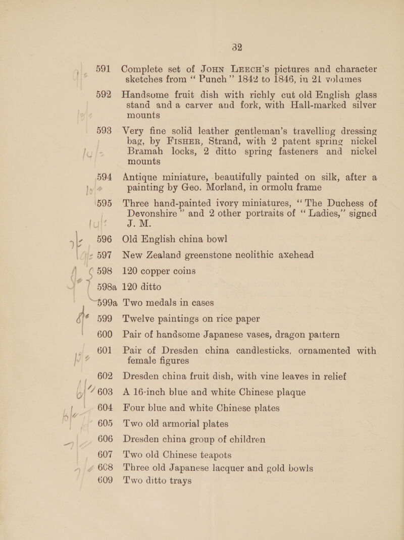 -, 602 |7 | 604 aud | 605 606 32 Complete set of Joun Lexrcu's pictures and character sketches from ‘‘ Punch” 184¥% to 1846, in 21 volumes Handsome fruit dish with richly cut old English glass stand anda carver and fork, with Hall-marked silver mounts Very fine solid leather gentleman’s travelling dressing bag, by FIsHER, Strand, with 2 patent spring nickel Bramah locks, 2 ditto spring fasteners and_ nickel mounts Antique miniature, beautifully painted on silk, after a painting by Geo. Morland, in ormolu frame Three hand-painted ivory miniatures, ‘‘ The Duchess of Devonshire” and 2 other portraits of ‘‘ Ladies,” signed J.M Old English china bowl New Zealand greenstone neolithic axehead 120 copper coins 120 ditto Two medals in cases Twelve paintings on rice paper Pair of handsome Japanese vases, dragon pattern Pair of Dresden china candlesticks, ornamented with female figures Dresden china fruit dish, with vine leaves in relief A 16-inch blue and white Chinese plaque Four blue and white Chinese plates Two old armorial plates Dresden china group of children T'wo old Chinese teapots Three old Japanese lacquer and gold bowls T'wo ditto trays