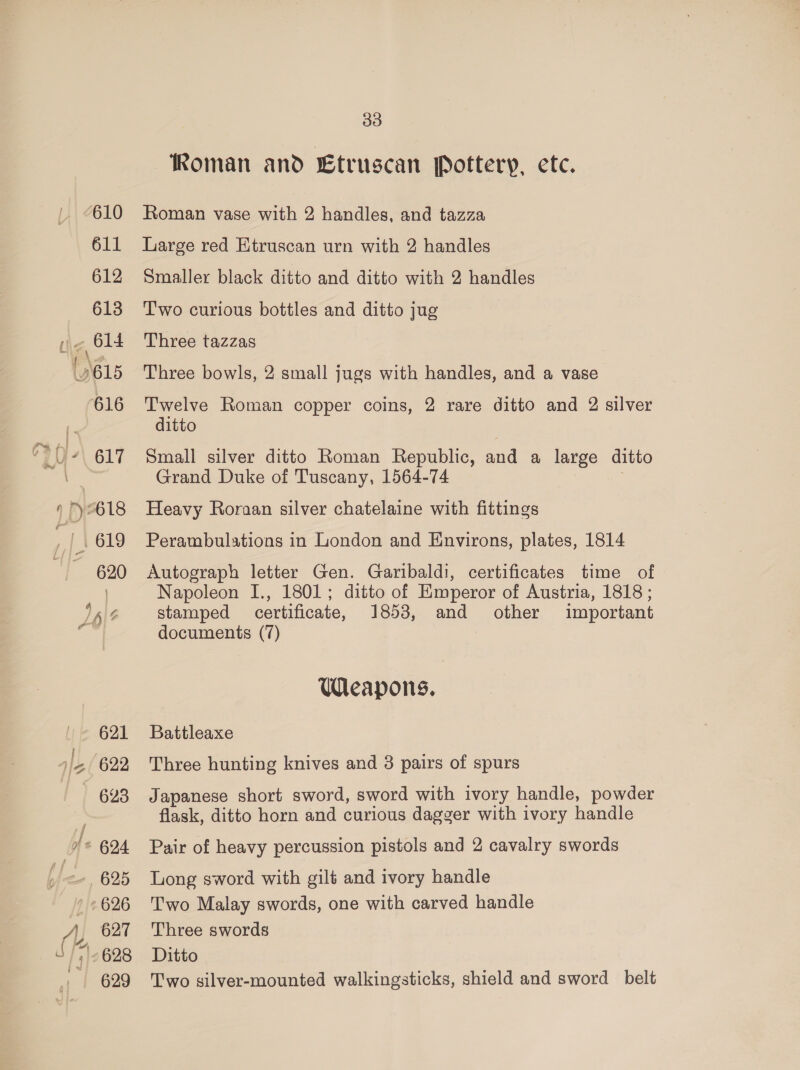 CS Gy ® 33 Roman and Ctruscan Pottery, etc. Roman vase with 2 handles, and tazza Large red Etruscan urn with 2 handles Smaller black ditto and ditto with 2 handles T'wo curious bottles and ditto jug Three tazzas Three bowls, 2 small jugs with handles, and a vase Twelve Roman copper coins, 2 rare ditto and 2 silver ditto Small silver ditto Roman Republic, and a large ditto Grand Duke of Tuscany, 1564-74 Heavy Roraan silver chatelaine with fittings Perambulations in London and Environs, plates, 1814 Autograph letter Gen. Garibaldi, certificates time of Napoleon I., 1801; ditto of Emperor of Austria, 1818 ; stamped certificate, 1853, and other important documents (7) Weapons. Battleaxe Three hunting knives and 3 pairs of spurs Japanese short sword, sword with ivory handle, powder flask, ditto horn and curious dagger with ivory handle Pair of heavy percussion pistols and 2 cavalry swords Long sword with gilt and ivory handle Two Malay swords, one with carved handle Three swords Ditto Two silver-mounted walkingsticks, shield and sword belt