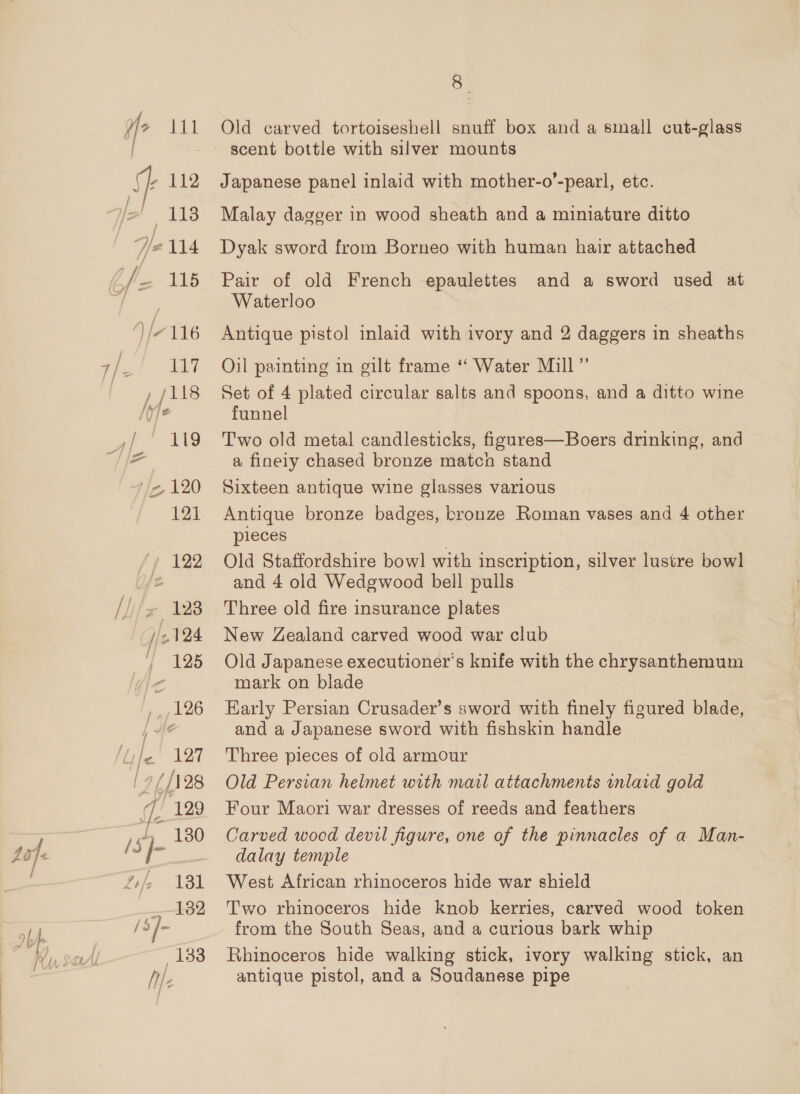 Old carved tortoiseshell snuff box and a small cut-glass scent bottle with silver mounts Japanese panel inlaid with mother-o’-pearl, etc. Malay dagger in wood sheath and a miniature ditto Dyak sword from Borneo with human hair attached Pair of old French epaulettes and a sword used at Waterloo Antique pistol inlaid with ivory and 2 daggers in sheaths Oil painting in gilt frame ‘“‘ Water Mill” Set of 4 plated circular salts and spoons, and a ditto wine funnel Two old metal candlesticks, figures—Boers drinking, and a finely chased bronze match stand Sixteen antique wine glasses various Antique bronze badges, bronze Roman vases and 4 other pieces Old Staffordshire bow] with inscription, silver lustre bowl and 4 old Wedgwood bell pulls Three old fire insurance plates New Zealand carved wood war club Old Japanese executioner’s knife with the chrysanthemum mark on blade Early Persian Crusader’s sword with finely figured blade, and a Japanese sword with fishskin handle Three pieces of old armour Old Persian helmet with mail attachments inlaid gold Four Maori war dresses of reeds and feathers Carved wood devil figure, one of the pinnacles of a Man- dalay temple West African rhinoceros hide war shield Two rhinoceros hide knob kerries, carved wood token from the South Seas, and a curious bark whip Rhinoceros hide walking stick, ivory walking stick, an antique pistol, and a Soudanese pipe
