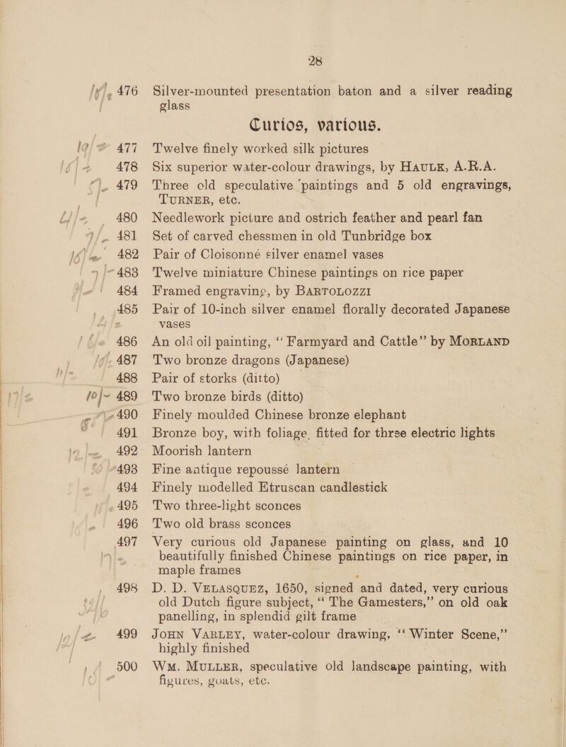 AT7 478 480 48] 482 484 485 486 488 49] 492 493 494 ~ 495 496 497 499 500 28 Silver-mounted presentation baton and a silver reading glass Curios, various. Twelve finely worked silk pictures Six superior water-colour drawings, by Hauux, A.R.A. Three cld speculative ‘paintings and 5 old engravings, TURNER, etc. Needlework picture and ostrich feather and pearl fan Set of carved chessmen in old Tunbridge box Pair of Cloisonne silver enamel vases Twelve miniature Chinese paintings on rice paper Framed engraving, by BARTOLOZZI Pair of 10-inch silver enamel florally decorated Japanese vases An old oil painting, ‘‘ Farmyard and Cattle” by MorLanp Two bronze dragons (Japanese) Pair of storks (ditto) Two bronze birds (ditto) Finely moulded Chinese bronze elephant Bronze boy, with foliage, fitted for three electric lights Moorish lantern Fine antique repoussé lantern Finely modelled Etruscan candlestick Two three-light sconces T'wo old brass sconces Very curious old Japanese painting on glass, und 10 beautifully finished Chinese paintings on rice paper, in maple frames : D. D. VELASQUEZ, 1650, signed and dated, very curious old Dutch figure subject, ‘‘ The Gamesters,” on old oak panelling, in splendid gilt frame JOHN VARLEY, water-colour drawing, Seeronien Scene,” highly finished Wm. MULLER, speculative old landscape painting, with fivures, goats, ete.