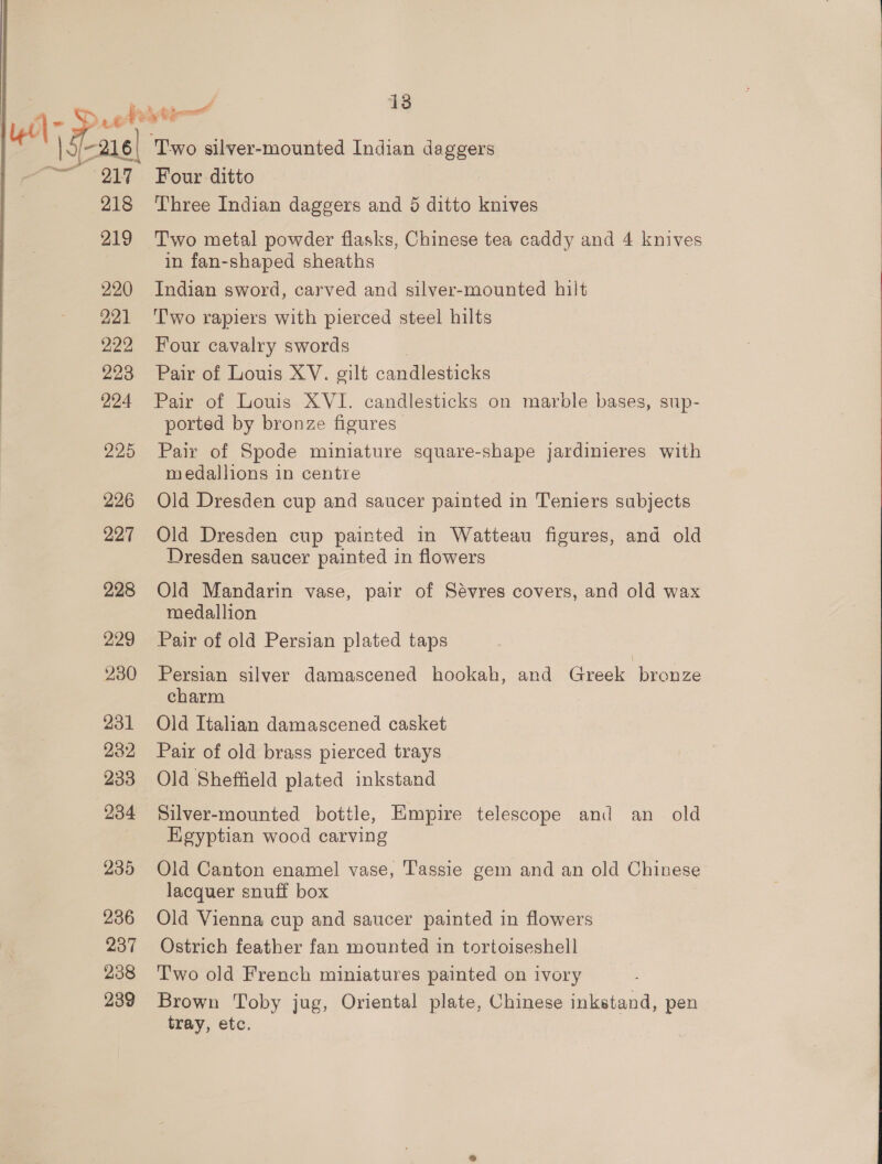 i Pace utes 217 218 219 220 221 222 223 224 226 227 228 229 230 231 232 233 234 235 236 237 238 239 Four -ditto | Three Indian daggers and 5 ditto knives Two metal powder flasks, Chinese tea caddy and 4 knives in fan-shaped sheaths Indian sword, carved and silver-mounted hilt Two rapiers with pierced steel hilts Four cavalry swords Pair of Louis XV. gilt candlesticks Pair of Louis XVI. candlesticks on marble bases, sup- ported by bronze figures Pair of Spode miniature square-shape jardinieres with medallions in centre Old Dresden cup and saucer painted in Teniers subjects Old Dresden cup pairted in Watteau figures, and old Dresden saucer painted in flowers Old Mandarin vase, pair of Sévres covers, and old wax medallion Pair of old Persian plated taps Persian silver damascened hookah, and Greek bronze charm Old Italian damascened casket Pair of old brass pierced trays Old Sheffield plated inkstand Silver-mounted bottle, Empire telescope and an old HKgyptian wood carving Old Canton enamel vase, Tassie gem and an old Chinese lacquer snuff box Old Vienna cup and saucer painted in flowers Ostrich feather fan mounted in tortoiseshell Two old French miniatures painted on ivory Brown Toby jug, Oriental plate, Chinese inkstand, pen tray, etc.