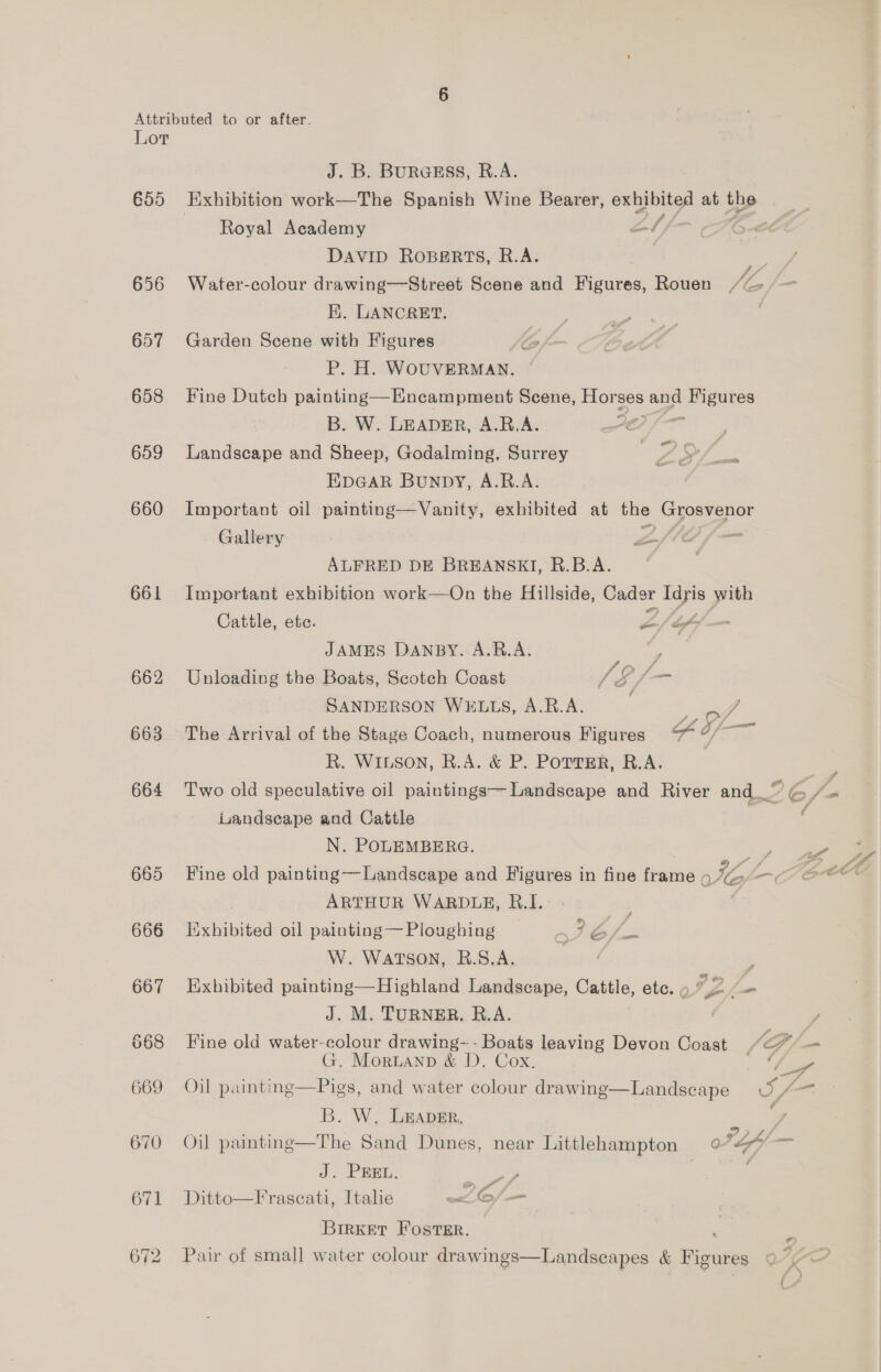 655 656 657 658 659 660 661 662 663 664 666 667 669 670 671 J. B. BURGESS, R.A. , am ff Royal Academy DAVID ROBERTS, R.A. Ki. LANCRET. Garden Scene with Figures ¢ P. H. WOUVERMAN, Fine Dutch painting—Encampment Scene, Horses and Figures B. W. LEADER, A.R.A. ee Landscape and Sheep, Godalming, Surrey EDGAR BuNDY, A.B.A. Important oil painting—Vanity, exhibited at the Grosvenor a ar Gallery Ore ALFRED DE BREANSKI, R.B.A. Important exhibition work—On the Hillside, Cader Idris with Cattle, ete. a of&gt; JAMES DANBY. A.R.A. 4 Unloading the Boats, Scotch Coast /8/—- SANDERSON WELLS, A.R.A. . ere The Arrival of the Stage Coach, numerous Figures SH o/ R. WILSON, R.A. &amp; P. PoTTER, R.A. Landscape and Cattle N. POLEMBERG. ARTHUR WARDLE, B.I.. Exhibited oil painting — Ploughing a ome W. WATSON, R.S.A. i , Exhibited painting—Highland Landscape, Cattle, ete. , 7Z ;  J. M. TURNER, R.A. Fine old water-colour drawing-- Boats leaving Devon Coast G. Moruannp &amp; D. Cox. Oil painting—Pigs, and water colour drawing  —— Oil paintng—The Sand Dunes, near Littlehampton @ Lf) — J. Pret. eS . Ditto—Frascati, Italie oe 6/— BrrKet Foster. , Pair of small water colour drawings—Landscapes &amp; Figures a