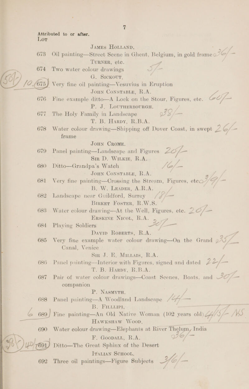 Lor JAMES HOLLAND, 673 Oil pening Skee Scene in Ghent, Belgium, in gold frame TURNER, etc. . a 674 Two water colour drawings v ; i) G. SrcKour, y 0. 675, _ Very fine oil painting—Vesuvius in Eruption JOHN CONSTABLE, R.A. P. J. LovurHersourGn, 677 The Holy Family in Landscape Q. +. B. Harpy, WBA. * frame JOHN CROME. 679 Panel painting—Landseape and Figures ZO rie Sir D. Witkin, R.A. ROL 680 Ditto—Grandpa’s Watch /C/— JOHN CONSTABLE, R.A. 5s 681 Very fine painting—Crossing the Stream, Figures, etea?/<~ B. W. Lraper, A.R.A. | 682 Landscape near Guildford, Surrey — . Y fm Brrket Foster, R.W.S. ’ 683 Water colour drawing—At the Well, Figures, ete. ~ O/— ERSKINE Nicou, R.A. ZF *) “A st 684 Playing Soldiers aad _— Davip Roperts, R.A. | 685 Very fine example water colour drawing—On the Grand Canal, Venice Sir J. EH. Minmats, R.A. 686 Panel painting—Interior with Figures, signed and dated T. Be Harpy, B.B.A. 687 Pai of water colour drawings—Coast Scenes, Boats, and companion P. NAsmyrTa. a 688 Panel painting—A Woodland Landscape /“47 — B. FILuirt, fa > 689) Fine painting—An Old Native Woman (102 years old) ee HawksHaw Woop. 690 Water colour drawing—Elephants at River Thelum, India a ise F. Goopatu, R.A. 7 © — yo) oo) Ditto—The Great Sphinx of the Desert ITALIAN SCHOOL, “A 692 Three oil paintings—Figure Subjects 97@ > — P at —