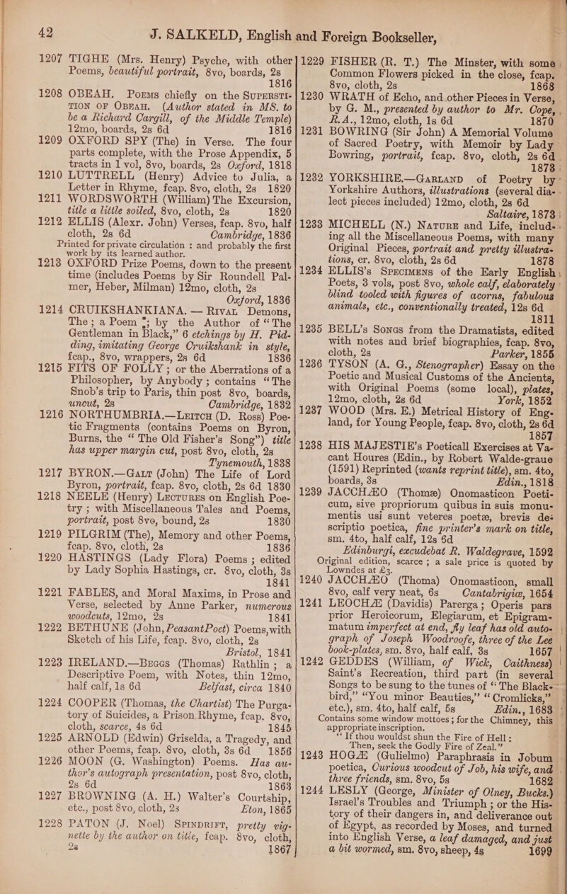  1207 TIGHE (Mrs. Henry) Psyche, with other Poems, beautiful portrait, 8vo, boards, ys 1816 1208 OBEAH. Poems chiefly on the SupEeRsti- TION OF OBFAH. (Author stated in MS. to bea Richard Cargill, of the Middle Temple) 12mo, boards, 28 6d 1816 1209 OXFORD SPY (The) in Verse. The four parts complete, with the Prose Appendix, 5 tracts in 1 vol, 8vo, boards, 2s Ouford, 1818 1210 LUTTRELL (Henry) Advice to Julia, a Letter in Rhyme, feap. 8vo, cloth, 2s 1820 1211 WORDSWORTH (William) The Excursion, title a little soiled, 8vo, cloth, 2s 1820 1212 ELLIS (Alexr. John) Verses, feap. 8vo, half cloth, 28 6d Cambridge, 1836 Printed for private circulation : and probably the first work by its learned author. 1213 OXFORD Prize Poems, down to the present time (includes Poems by Sir Roundell Pal- mer, Heber, Milman) 12mo, cloth, 2s Oxford, 1836 1214 CRUIKSHANKIANA. — Rivat Demons, The ; a Poem °; by the Author of “The Gentleman in Black,” 6 etchings by H. Pid- ding, imitating George Cruikshank in style, fcap., 8vo, wrappers, 2s 6d 1836 1215 FITS OF FOLLY; or the Aberrations of a Philosopher, by Anybody ; contains “The Snob’s trip to Paris, thin post 8vo, boards, uncut, 28 Cambridge, 1832 1216 NORTHUMBRIA.—Lerrcu (D. Ross) Poe- tic Fragments (contains Poems on Byron, Burns, the “ The Old Fisher’s Song”) title has upper margin cut, post 8vo, cloth, 2s Tynemouth, 1838 1217 BYRON.—Gatrt (John) The Life of Lord Byron, portrait, fcap. 8vo, cloth, 2s 6d 1830 1218 NEELE (Henry) Lecturzs on English Poe- try ; with Miscellaneous Tales and Poems, portrait, post 8ve, bound, 2s 1830 1219 PILGRIM (The), Memory and other Poems, feap. 8vo, cloth, 2s 1836 1220 HASTINGS (Lady Flora) Poems ; edited by Lady Sophia Hastings, cr. 8vo, cloth, 3s 1841 1221 FABLES, and Moral Maxims, in Prose and Verse, selected by Anne Parker, numerous woodcuts, 12mo, 2s 1841 1222 BETHUNE (John, PeasantPoct) Poems,with Sketch of his Life, feap. 8vo, cloth, 2s Bristol, 1841 1223 IRELAND.—Beces (Thomas) Rathlin; a _ Descriptive Poem, with Notes, thin 12mo, half calf, 1s 6d Belfast, circa 1840 1224 COOPER (Thomas, the Chartist) The Purga- tory of Suicides, a Prison Rhyme, fcap. 8vo, cloth, scarce, 4s 6d 1845 1225 ARNOLD (Edwin) Griselda, a Tragedy, and other Poems, feap. 8vo, cloth, 8s 6d 1856 1226 MOON (G. Washington) Poems. Has au- thor's autograph presentation, post 8vo, cloth, 2s 6d 1863 1227 BROWNING (A. H.) Walter’s Courtship, etc., post 8vo, cloth, 2s Eton, 1865 1228 PATON (J. Noel) . Sprnprirt, pretty vig- nette by the author on title, feap. 8yo0, cloth, 2s 1867 1229 FISHER (R. T.) The Minster, with some. Common Flowers picked in the close, feap. 8vo, cloth, 2s 1868 1230 WRATH of Echo, and.other Pieces in Verse, by G. M., presented by author to Mr. Cope, , R.A., 12mo, cloth, 1s 6d 1870 1231 BOWRING (Sir John) A Memorial Volume of Sacred Poetry, with Memoir by Lady Bowring, portrait, feap. 8vo, cloth, 2s o 18738 | 1232 YORKSHIRE.—Gartanp of Poetry by’ Yorkshire Authors, lustrations (several dias» lect pieces included) 12mo, cloth, 28 6d 1238 MICHELL (N.) Narure and Life, includ: ing all the Miscellaneous Poems, with many Original Pieces, portrait and pretty illustra- tions, cr. 8vo, cloth, 2s 6d 1878 1234 ELLIS’s Sprcrmens of the Early English; blind tooled with figures of acorns, fabulous animals, etc., conventionally treated, 12s 6d 1811 1235 BELL’s Sones from the Dramatists, edited with notes and brief biographies, fcap. 8vo, cloth, 2s Parker, 1855 1236 TYSON (A. G., Stenographer) Essay on the Poetic and Musical Customs of the Ancients, 12mo, cloth, 2s 6d York, 1852 1237 WOOD (Mrs. E.) Metrical History of Eng: land, for Young People, feap. 8vo, cloth, 2s 6d 1857 1238 HIS MAJESTIE’s Poeticall Exercises at Va- cant Houres (Edin., by Robert Walde-graue (1591) Reprinted (wants reprint title), sm. 4to, boards, 3s Edin., 1818 1239 JACCHHO (Thome) Onomasticon Poeti- cum, sive propriorum quibus in suis monu- mentis usi sunt veteres poets, brevis de- scriptio poetica, fine printer’s mark on title, sm, 4to, half calf, 12s 6d Edinburgi, excudebat R. Waldegrave, 1592 Original edition, scarce ; a sale price is quoted by Lowndes at £3. 1240 JACCHO (Thoma) Onomasticon, small 8vo, calf very neat, 63 Cantabrigie, 1654 1241 LEOCHZE (Davidis) Parerga; Operis pars prior Heroicorum, Elegiarum, et Epigram- book-plates, sm. 8vo, half calf, 3s 1657 1242 GEDDES (William, ef Wick, Caithness) Saint’s Recreation, third part (in several Songs to besung to the tunes of “ The Black-— bird,” “You minor Beauties,” “ Cromlicks,” etc.), sm. 4to, half calf, 5s appropriate inscription. ‘Tf thou wouldst shun the Fire of Hell: Then, seek the Godly Fire of Zeal.” three friends, sm. 8vo, 5s 1682 1244 LESLY (George, Minister of Olney, Bucks.) Israel’s Troubles and Triumph ; or the His- tory of their dangers in, and deliverance out of Egypt, as recorded by Moses, and turned into English Verse, a leaf damaged, and just a bit wormed, sm. 8yvo, sheep, 4g 1699 