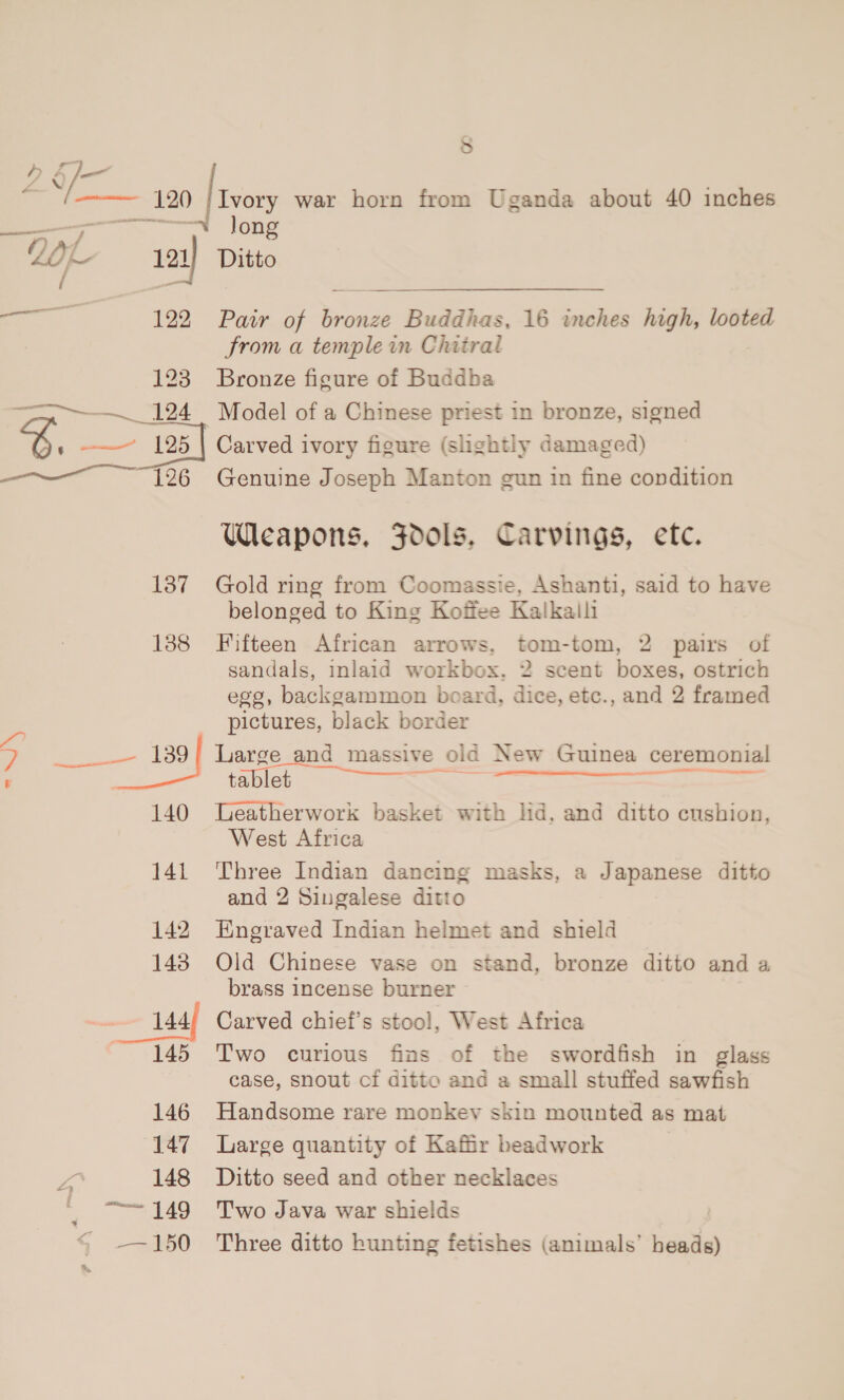 4 ae 120 — ; ait 122 123 a 124 196 137 138 et 150 140 141 142 143 Pair of bronze Buddhas, 16 inches high, looted from a temple in Chitral Bronze figure of Buddha Carved ivory figure (slightly damaged) Genuine Joseph Manton gun in fine condition Weapons. Jdols, Carvings, ete. Gold ring from Coomassie, Ashanti, said to have belonged to King Koffee Kalkalli Fifteen African arrows, tom-tom, 2 pairs of sandals, inlaid workbox. 2 scent boxes, ostrich egg, backgammon board, dice, etc., and 2 framed pictures, black border Large and massive old New Guinea ceremonial ‘ables = BE Leatherwork basket with lid, and ditto cushion, West Africa Three Indian dancing masks, a Japanese ditto Engraved Indian helmet and shield Old Chinese vase on stand, bronze ditto and a brass incense burner Carved chief’s stool, West Africa Two curious fins of the swordfish in glass case, snout ci ditto and a small stuffed sawfish Handsome rare monkey skin mounted as mat Large quantity of Kafir beadwork Ditto seed and other necklaces Two Java war shields Three ditto hunting fetishes (animals’ heads) 