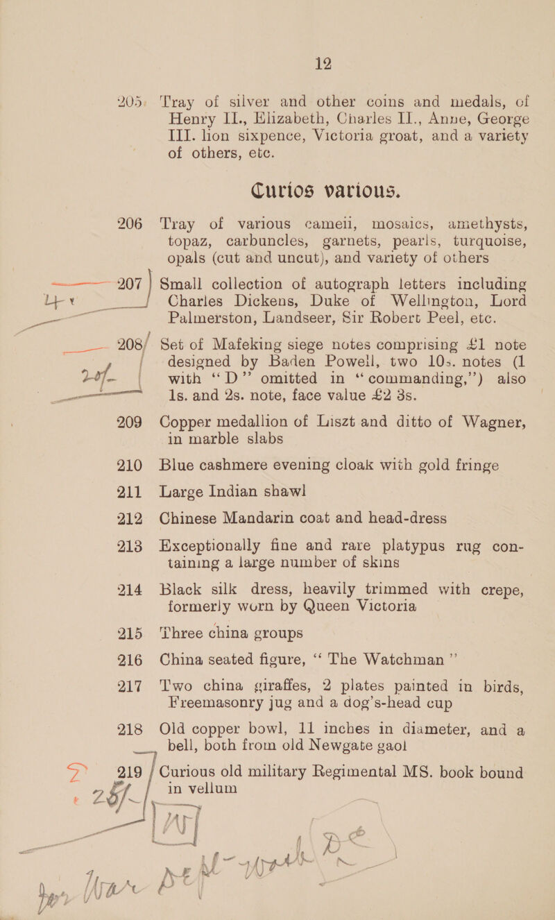 205: Tray of silver and other coins and medals, cf Henry IL, Elizabeth, Charles II., Anne, George III. lion sixpence, Victoria groat, and a variety of others, etc. Curios various. 206 Tray of various cameli, mosaics, amethysts, topaz, carbuncles, garnets, pearls, turquoise, opals (cut and uncut), and variety of others oo 207 | Small collection of autograph letters including lev J) «6CCharles Dickens, Duke of Wellington, Lord eal Palmerston, Landseer, Sir Robert Peel, etc. ; 208/ Set of Mafeking siege notes comprising £1 note / designed by Baden Powell, two 10;. notes (1 of _ with “D” omitted in “ commanding,”’) also anon 1s. and 2s. note, face value £2 3s. 209 Copper medallion of Liszt and ditto of Wagner, in marble slabs 210 Blue cashmere evening cloak with gold fringe 211 Large Indian shawl 212 Chinese Mandarin coat and head-dress 218 Exceptionally fine and rare platypus rug con- taining a large number of skins 214 Black silk dress, heavily trimmed with crepe, formerly worn by Queen Victoria 215 Three china groups 216 China seated figure, ‘‘ The Watchman ”’ 217 Two china giraffes, 2 plates painted in birds, Freemasonry jug and a dog’s-head cup 218 Old copper bowl, 11 inches in diameter, and a —_ bell, both from old pik lias gaol 