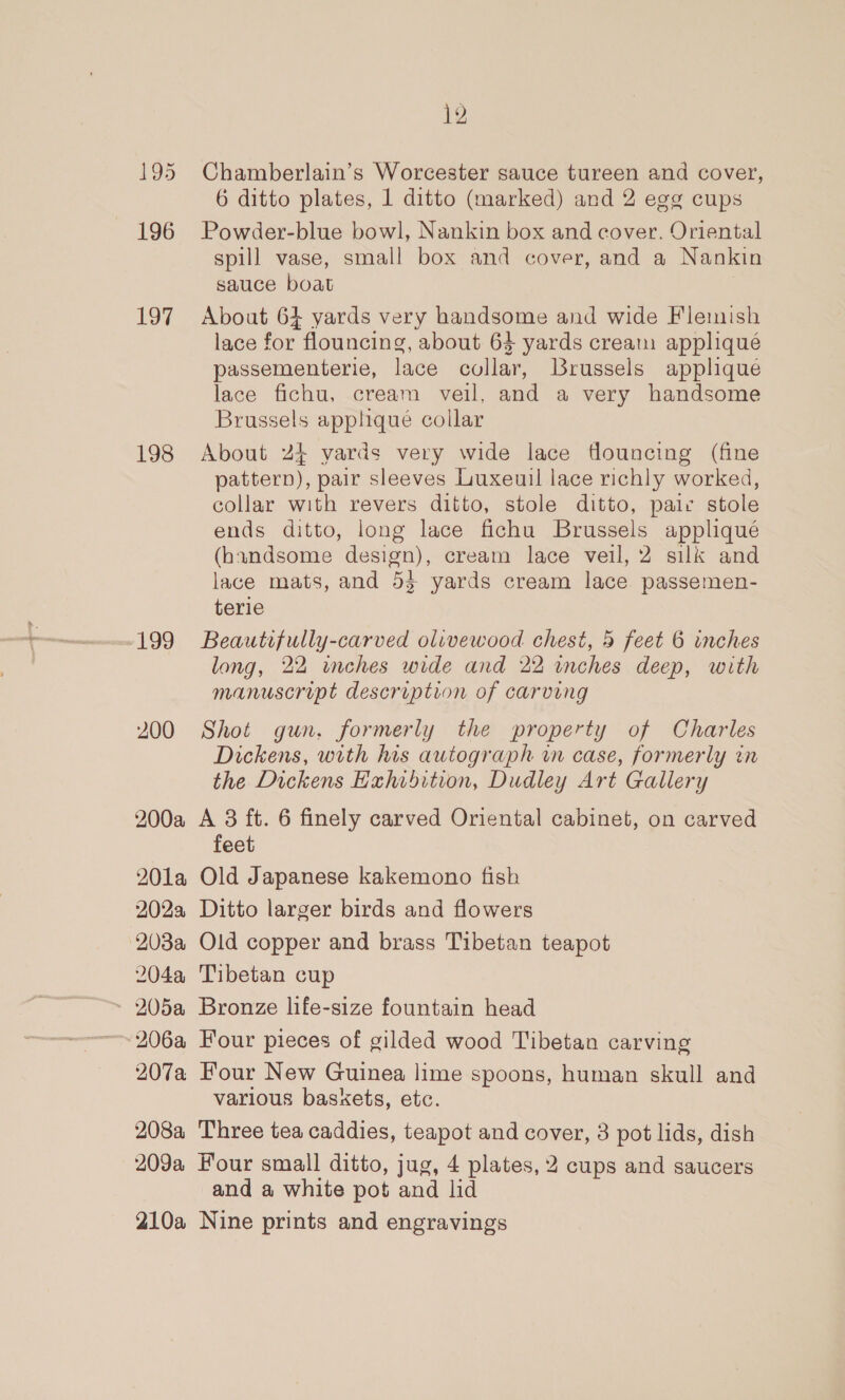 jy 195 Chamberlain’s Worcester sauce tureen and cover, 6 ditto plates, 1 ditto (marked) and 2 egg cups 196 Powder-blue bowl, Nankin box and cover. Oriental spill vase, small box and cover, and a Nankin sauce boat 197 About 64 yards very handsome and wide Flemish lace for flouncing, about 63 yards cream appliqué passementerie, lace collar, Brussels applique lace fichu, cream veil, and a very handsome Brussels apphque collar 198 About 24 yards very wide lace tlouncing (fine pattern), pair sleeves Luxeuil lace richly worked, collar with revers ditto, stole ditto, pair stole ends ditto, long lace fichu Brussels appliqué (handsome design), cream lace veil, 2 silk and lace mats, and 53 yards cream lace passemen- tere 199 Beautifully-carved olivewood chest, 5 feet 6 inches long, 22 inches wide and 22 inches deep, with manuscript description of carving 200 Shot gun. formerly the property of Charles Dickens, with his autograph in case, formerly in the Dickens Exhibition, Dudley Art Gallery 200a a ft. 6 finely carved Oriental cabinet, on carved eet 201a Old Japanese kakemono fish 202a Ditto larger birds and flowers 203a Old copper and brass Tibetan teapot 204a Tibetan cup - 205a Bronze life-size fountain head -206a Four pieces of gilded wood Tibetan carving 207a Four New Guinea lime spoons, human skull and various baskets, etc. 208a Three tea caddies, teapot and cover, 3 pot lids, dish 209a Four small ditto, jug, 4 plates, 2 cups and saucers and a white pot and lid 210a Nine prints and engravings