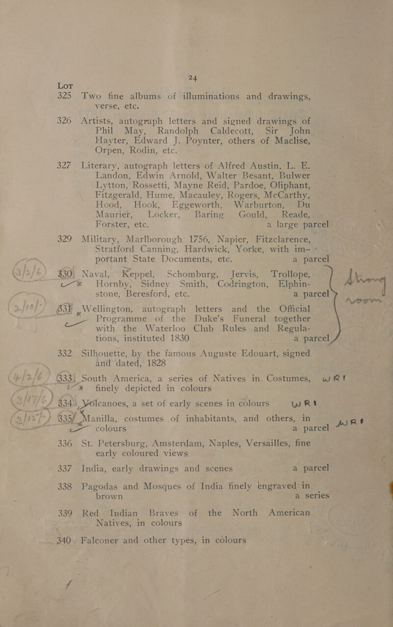 LoT 325 Two fine albums of illuminations and drawings, VGESE ETE: 326 Artists, autograph letters and signed drawings of Phil May, Randolph. Caldecott, | Sit sieum Hayter, Edward J. Poynter, others of: Maclise, Orpen, Rodin, ete. 327. Literary, autograph letters of Alfred: Austin, L. E Landon, Edwin Arnold, Walter’ Besant, Bulwer Lytton, Rossetti, Mayne Reid, Pardoe, Oliphant, | Fitzgerald, Hume, Macauley, Rogers, McCarthy, Hood, Hook, Eggeworth, Warburton, Du Maurier, Locker, Baring . Gould, —~Reade, Porsten.ete. a large parcel 329 Military, Marlborough 1756, Napier, Fitzclarence, Stratford Canning, Hardwick, Yorke, with im—~» portant State Documents, etc. a parcel | 330; Naval, Keppel, Schomburg, Jervis, Trollope, — by Bs ~~ Hornby, Sidney Smith, Codrington, Elphin- etiascii stone, Beresford, etc. a parcel NOT | 631 Wellington, autograph letters and the Official | a Programme of the Duke’s Funeral together with: the Waterloo Club Rules and Regula- tions, instituted 1830 . a parcel 332 Silhouette, by the famous Auguste Edouart, signed and dated, 1828 333) South America, a series of Natives in. Costumes, wT ‘“* finely depicted in colours : _ 834) Volcanoes, a set of early scenes in colours wR B35) arate costumes of inhabitants, and others, in pI — colours a parcel 336 St. Petersburg, Amsterdam, Naples, Versailles, fine early coloured views 337 India, early drawings and scenes a parcel 338 Pagodas and Mosques of India finely engraved in brown a series 339° Red- “Indian . Braves of the North ia eee Natives, in colours 340. Falconer and other types, in colours