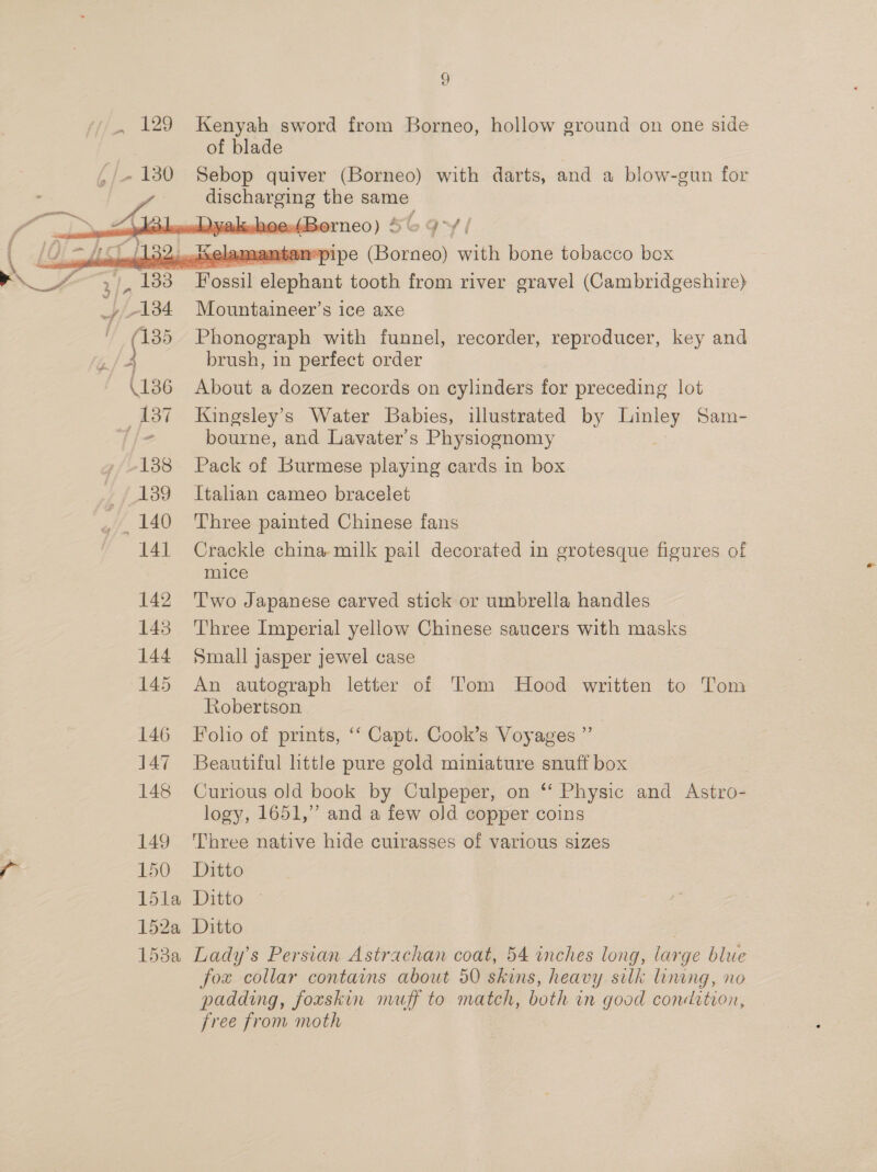 , 129 Kenyah sword from Borneo, hollow ground on one side of blade 4/130 Sebop quiver (Borneo) with darts, and a blow-gun for Fe discharging the same sderned) Ste Gv / (C ~ 6) [1320 i&lt;elamanbanpipe (Borneo) with bone tobacco box ee ale . 133 Beal Ceaband tooth from river gravel (Cambridgeshire) y 134 Mountaineer’s ice axe (185 Phonograph with funnel, recorder, reproducer, key and brush, 1n perfect order (186 About a dozen records on cylinders for preceding lot 137 Kaingsley’s Water Babies, illustrated by Linley Sam- [l= bourne, and Lavater’s Physiognomy 138 Pack of Burmese playing cards in box 189 Italian cameo bracelet 140 Three painted Chinese fans 141 Crackle china milk pail decorated in grotesque figures of mice 142 Two Japanese carved stick or umbrella handles 143 Three Imperial yellow Chinese saucers with masks 144 Small jasper jewel case 145 An autograph letter of Tom Hood written to Tom Robertson 146 Folio of prints, ‘‘ Capt. Cook’s Voyages ”’ 147 Beautiful httle pure gold miniature snuff box 148 Curious old book by Culpeper, on ‘‘ Physic and Astro- logy, 1651,” and a few old copper coins 149 Three native hide cuirasses of various sizes 150 Ditto 15la Ditto ~ 152a Ditto ; 158a Lady’s Persian Astrachan coat, 54 inches long, large blue fox collar contains about 50 skins, heavy silk lining, no padding, foxskin muff to match, both in good condition, free from moth os a ae   