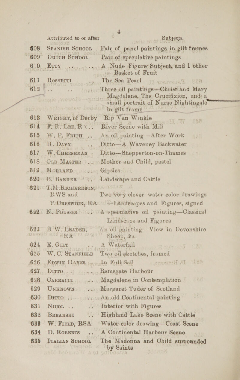 $08 SPANISH SCHOOL _ Pair of panel paintings in gilt frames “609° Dutcx ScHoon Pair: of speculative paintings GO ET © ako cath aloe Nude ‘Figure: Subject, and 1 other sabes soe i. yy, (=7 Basket of Fruit fil. (Rosser en. The Sea Rearl ry xopgeresn’ ; ez... Three oil paint pxcsscpiovtadth bnd Mary men _,,. Magdalene, The Crucifixion, and: a small portrait of Nurse, Digheingale aay POAT ay in gilt 23) 11 Rae Seen BI 613 Waruicut, of Derby Rip Van Winkle “614 FR. Lez, Ri:. | River Scone with Mill 615. W.P. Frigg, .. An oil painting—After Work 616 H. Davy. “ Ditto—A ‘Waveney Backwater 617 ~W. ‘CHEESEMAN - Ditto—Shepperton-on-Thames 618 “OLp Master... . Mother and Child, pastel 619. Mor.tanp s. Gipsies~ 620. B. Barxer ';: ‘Landscape and Cattle 621: T.M.Rrewarbsony 8% RWS and Two very clever water color drawings T: CRESWICK, RA ~ Landscapes and Figures, signed 622. N. Pousswy 8). “A ospectilative oil painting—Classical Landscape and Figures 623 B. W. LinaDer, “An oil painting— View in Devonshire amity. eRar a’ Sheep, we. (624 EK, Gur .., A Waterfall 625 W.C. Sra NFIELD ang oil aketches, framed 626 . Epwin Hayes »....In Full Sail 627. Dirro .:: ........Ramsgate Harbour 628. CaRRACCI. .. , Magdalene in Contemplation — 629 UNKNowN ..:. Margaret Tudor of Scotland 630 Dirro .. .. An old Continental painting 631 Nucor .. .. Interior with Figures 632 Breanskt .. Highland Lake Seene with Cattle _ 633 W.Fietp, RSA Water-color drawing—Coast Scene ? 634 D. Roserts .. A Continental Harbour Seene 635 Ivrauian Scooon The ‘Madonna and Child surrounded ms Saints