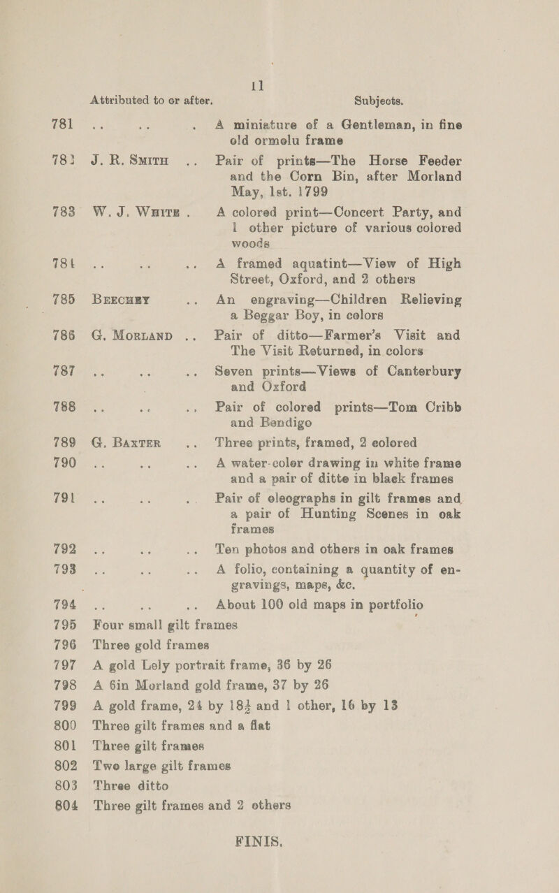 781 783 78t , 785 786 787 788 789 790 791 792 793 795 796 797 798 799 800 801 802 803 804 1] J. R. Smite W.J. WHITE. BRECHEY G. MornAND G. BAxTER Four small gilt fra Three gold frames A miniature of a Gentleman, in fine old ormelu frame Pair of prints—The Horse Feeder and the Corn Bin, after Morland May, Ist. 1799 A colored print—Concert Party, and i other picture of various colored woods A framed aquatint—View of High Street, Oxford, and 2 others An engraving—Children Relieving a Beggar Boy, in colors Pair of ditto—Farmer’s Visit and The Visit Returned, in colors Seven prints—Views of Canterbury and Oxford Pair of colored prints—Tom Cribb and Bendigo Three prints, framed, 2 eolored A water-coler drawing in white frame and a pair of ditte in blaek frames Pair of eleographs in gilt frames and. a pair of Hunting Scenes in oak frames Ten photos and others in oak frames A folio, containing a quantity of en- gravings, maps, &amp;. About 100 old maps in portfolio mes A 6in Morland gol d frame, 37 by 26 Three gilt frames Three ditto FINIS.