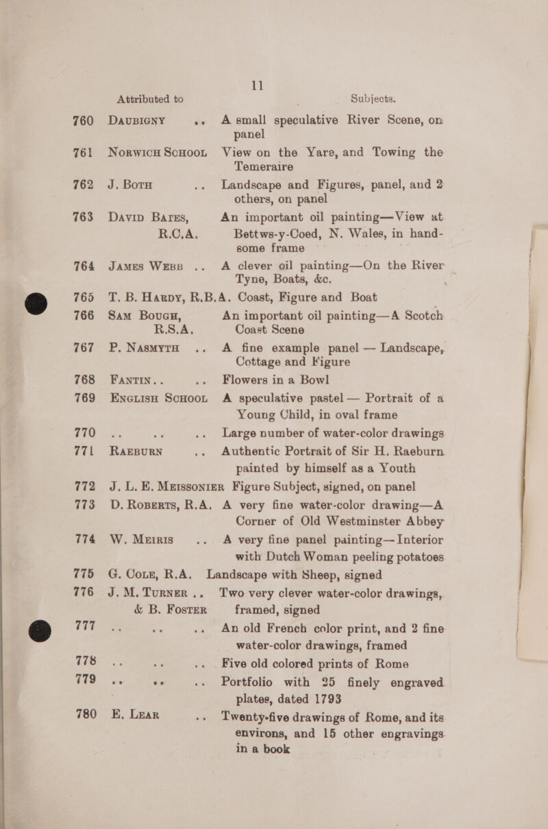 760 761 762 763 764 765 766 767 768 769 770 771 772 173 774 775 776 777 778 779 780 11 Attributed to Subjects. DAUBIGNY .» Asmall speculative River Scene, on panel NorwicH ScHoot View on the Yare, and Towing the Temeraire J. Bota .. Landscape and Figures, panel, and 2 others, on panel Davip Barss, An important oil painting—View at R.C,A. Bettws-y-Coed, N. Wales, in hand- some frame JAMES Wess .. A clever oil painting—On the River Tyne, Boats, Xe. T. B. Harpy, R.B.A. Coast, Figure and Boat Sam Bovueu, An important oil painting—A Scotch R.S.A. Coast Scene P. NasmytH .. A fine example panel — Landscape, Cottage and Figure FANTIN.. .. Flowers in a Bowl EneiisH Scooot A speculative pastel — Portrait of a Young Child, in oval frame os Large number of water-color drawings RAEBURN .. Authentic Portrait of Sir H. Raeburn painted by himself as a Youth J. L. E. Metssonier Figure Subject, signed, on panel D. Roperts, R.A. A very fine water-color drawing—A Corner of Old Westminster Abbey W. Meiris' .. A very fine panel painting— Interior with Dutch Woman peeling potatoes G. Coz, R.A. Landscape with Sheep, signed J.M.Turner.. Two very clever water-color drawings, &amp; B. Foster framed, signed An old French color print, and 2 fine water-color drawings, framed Five old colored prints of Rome ee ve .. Portfolio with 25 finely engraved plates, dated 1793 E, Lear .. Twenty-five drawings of Rome, and its environs, and 15 other engravings. in a book