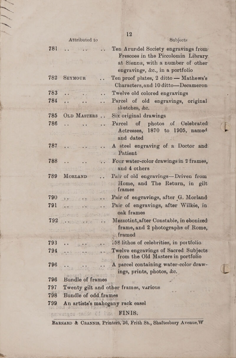781 782 Attributed to SEYMOUR 784 785 786 787 788 789 790 791 792 793 MortraNnD 796 797 12 Subjects Ten Arundel Society engravings from Frescoes in the Piccolomin Library at Sienna, with a number of other engravings, &amp;c., in a portfolio Ten proof plates, 2 ditto — Mathews’s. Characters,and 10 ditto—Decameron Twelve old colored engravings Parcel of old engravings, original bketches, &amp;. Six original drawings Parcel of photos of Celebrated _ Actresses, 1870 to 1905, named and dated A steel engraving of a Doctor and « Patient and 4 others Home, and The Return, in gilt - frames _oak frames Mezzotint,after Constable, in ebonized frame, and 2 photographs of Rome, from the Old Masters in portfolio FINIS,