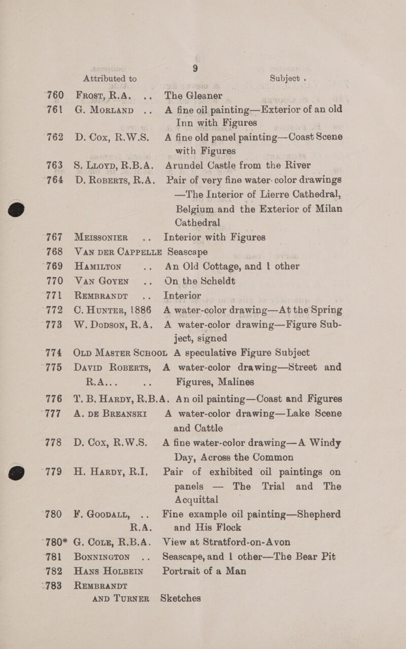 760 761 762 763 764 767 768 769 770 “TW71 112 773 774 “775 776 477 778 979 “780 “780* 781 782 783 9 Attributed to Subject . Frost, R.A. .. The Gleaner | G. Mortanv .. A fine oil painting—Exterior of an old Inn with Figures D. Cox, R.W.S. A fine old panel painting— Coast Scene with Figures S. Luoyp, R.B.A. Arundel Castle from the River D. Roserts, R.A. Pair of very fine water. color drawings —The Interior of Lierre Cathedral, Belgium and the Exterior of Milan Cathedral MeissonierR .. Interior with Figures VAN DER CAPPELLE Seascape HamMiLton .. An Old Cottage, and | other Van Goven .. On the Scheldt Rempranpt .. Interior C. Huntsr, 1886 A water-color drawing—At the Spring W.Dopson, R.A. A water-color drawing—Figure Sub- ject, signed Oxp Master Scnoozt A speculative Figure Subject Davin Roperts, A water-color drawing—wNStreet and RAY. a Figures, Malines T. B. Harpy, R.B.A. An oil painting—Coast and Figures A. DE Breanskt A water-color drawing—Lake Scene and Cattle D. Cox, R.W.S. A fine water-color drawing—A Windy Day, Across the Common H. Harpy, R.I, Pair of exhibited oil paintings on panels — The Trial and The Acquittal ¥, GoopaLt, .. Fine example oil painting—Shepherd R.A, and His Flock G. Cotz, R.B.A. View at Stratford-on-Avon Bonnincton .. Seascape,and | other—The Bear Pit Hans Ho.nBein Portrait of a Man REMBRANDT AND TURNER Sketches