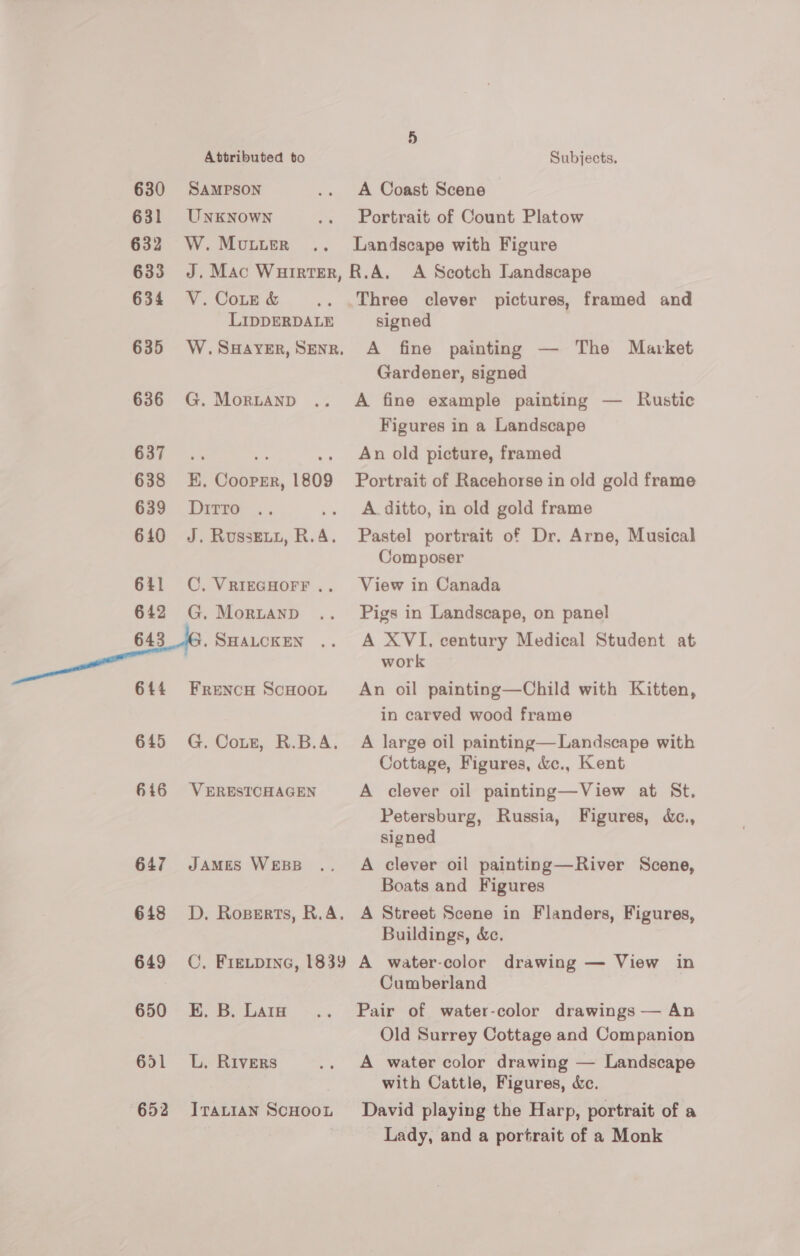 630 SAMPSON 631 UnKNown 632 W. Mvutuer A Coast Scene Portrait of Count Platow Landscape with Figure 634 V.CoLeE &amp; 636 G. MorLanp ae os 638 EK. Cooprr, 1809 639 DuirTro 641 CC. VRIEGHOFF .. 642 G. Morianp 643 ~G. SHALCKEN 644 FrencH ScHooL 616 VERESTCHAGEN 647 James WEBB Three clever pictures, framed and signed A fine painting — The Market Gardener, signed A fine example painting — Rustic Figures in a Landscape An old picture, framed Portrait of Racehorse in old gold frame A. ditto, in old gold frame Pastel portrait of Dr. Arne, Musical Com poser View in Canada Pigs in Landscape, on panel A XVI, century Medical Student at work An oil painting—Child with Kitten, in carved wood frame A large oil painting— Landscape with Cottage, Figures, &amp;c., Kent A clever oil painting—View at St. Petersburg, Russia, Figures, &amp;c., signed A clever oil painting—River Scene, Boats and Figures Buildings, &amp;c. 650 KE. B. Laiu 651 L. Rivers 652 IraLian ScHOOL Cumberland Pair of water-color drawings — An Old Surrey Cottage and Companion A water color drawing — Landscape with Cattle, Figures, &amp;c. David playing the Harp, portrait of a Lady, and a portrait of a Monk