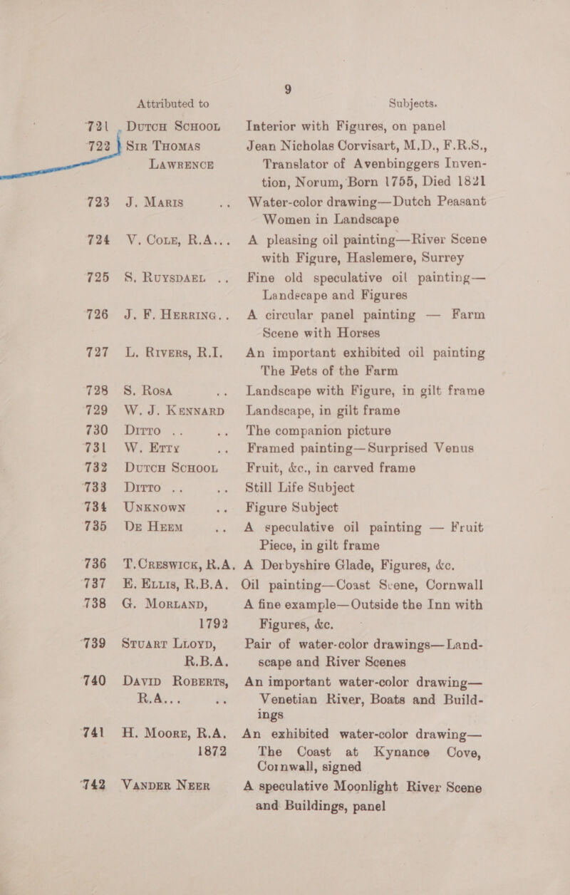 ; 721 . DutcH ScHOooL 722 } Str THomas LAWRENCE 723 J. Maris 724 V. Cons, R.A... 725 S. RuyspAen 726 =#J. F. HEeRRine.. 727 =. Rivers, R.I. 728 S. Rosa 729 W.J. KeNNARD 730 «=6Dirro .. 731 4 W. Erty 732 Dutrcw ScHoon Yoo Drrto’.. 734 UnkKNowN 735 De Heem 736 = =6T. Creswick, R.A. 737 ~=&amp;E. Extis, R.B.A. 738 G. Morwanp, 1792 ‘739 Stuart Lioyp, R.B.A. 740 Davin Ropers, RoAs. 3 741 HH. Moors, R.A. 1872 442 Vanper NEER Interior with Figures, on panel Jean Nicholas Corvisart, M.D., F.R.S., Translator of Avenbinggers Inven- tion, Norum, Born 1755, Died 1821 Water-color drawing— Dutch Peasant Women in Landscape A pleasing oil painting— River Scene with Figure, Haslemere, Surrey Fine old speculative oil painting— Landscape and Figures A circular panel painting — Farm Scene with Horses An important exhibited oil painting The Pets of the Farm Landscape with Figure, in gilt frame Landscape, in gilt frame The companion picture Framed painting—Surprised Venus Fruit, &amp;c., in carved frame Still Life Subject Figure Subject A speculative oil painting — Fruit Piece, in gilt frame A Derbyshire Glade, Figures, &amp;c. Oil painting—Coast Scene, Cornwall A fine example— Outside the Inn with Figures, dc. Pair of water-color drawings— Land- scape and River Scenes An important water-color drawing— Venetian River, Boats and Build- ings An exhibited water-color drawing— The Coast at Kynance Cove, Cornwall, signed A speculative Moonlight River Scene and Buildings, panel