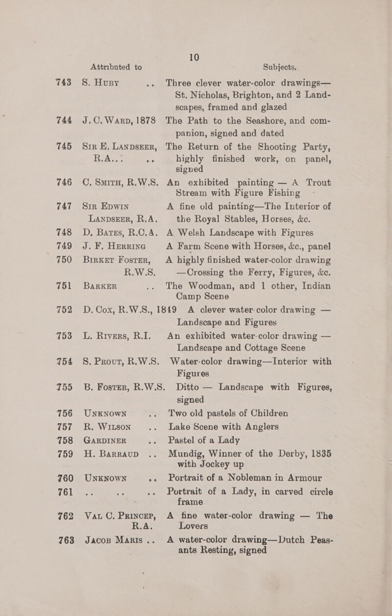 743 744 745 746 747 748 749 750 751 752 753 q54 755 756 757 758 759 760 761 762 763 10 Attributed to Subjects. S. Husy .. Three clever water-color drawings— St. Nicholas, Brighton, and 2 Land- scapes, framed and glazed J.C. Warp, 1878 The Path to the Seashore, and com- panion, signed and dated Siz KE, LANDsEER, The Return of the Shooting Party, BSA... a highly finished work, on panel, signed C. SmitH, R.W.S. An exhibited painting — A Trout Stream with Figure Fishing Sir Epwin A fine old painting—The Interior of LANDSEER, R.A. the Royal Stables, Horses, &amp;c. D, Bates, R.C.A. A Welsh Landscape with Figures J. F, Herrine A Farm Scene with Horses, &amp;c., panel BrrkeEtr Foster, A highly finished water-color drawing R.W.S. —Crossing the Ferry, Figures, &amp;c. BARKER .. The Woodman, and 1 other, Indian Camp Scene D. Cox, R.W.S., 1849 A clever water-color drawing — Landscape and Figures L. Rivers, R.I. An exhibited water-color drawing — Landscape and Cottage Scene S. Prout, R.W.S. Water-color drawing—Interior with Figures B. Foster, R.W.S. Ditto — Landscape with Figures, signed UNKNOWN .. Two old pastels of Children R. WILsoNn .. Lake Scene with Anglers GARDINER .. Pastel of a Lady H. Barraup .. Mundig, Winner of the Derby, 1835 with Jockey up UNKNOWN ~> Portrait of a Nobleman in Armour Portrait of a Lady, in carved circle frame Vat C. Princer, A fine water-color drawing — The R.A. Lovers Jacop Maris.. A water-color drawing—Dutch Peas- | ants Resting, signed