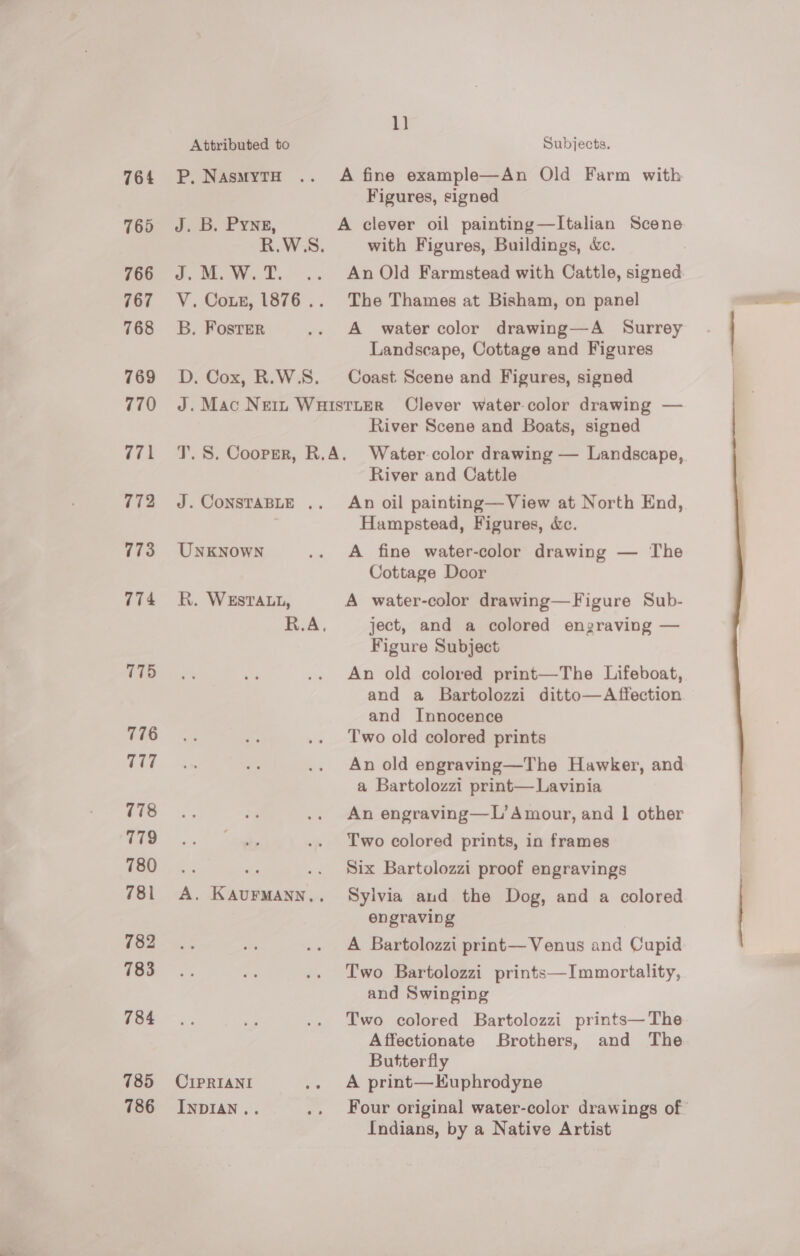 Attributed to Subjects. 764 P.NasmytH .. A fine example—An Old Farm with Figures, signed 766° J. DB. PYNE, A clever oil painting—lItalian Scene 2 WS. with Figures, Buildings, &amp;c. 766 J.M.W.T. .. AnOld Farmstead with Cattle, signed 767 V. Coxe, 1876... The Thames at Bisham, on panel 768 5B. Foster .. A water color drawing—A Surrey Landscape, Cottage and Figures 769 D. Cox, R.W.S. Coast Scene and Figures, signed 770) «J. Mac Nett Wuistter Clever water-color drawing — River Scene and Boats, signed 771 T.S. Cooper, R.A. Water color drawing — Landscape, River and Cattle 772 «=J.ConsTaBLe .. An oil painting—View at North End, Hampstead, Figures, &amp;c. 773° UNKNowN .. A fine water-color drawing — The Cottage Door 774 KR. WEsrTALL, A water-color drawing—Figure Sub- R.A, ject, and a colored engraving — Figure Subject 175 An old colored print—The Lifeboat, and a Bartolozzi ditto—Affection and Innocence 776 Two old colored prints 717 An old engraving—The Hawker, and a Bartolozzi print—Lavinia 778 An engraving—L’ Amour, and 1 other 779 Two colored prints, in frames (2: ae “2 .. Six Bartolozzi proof engravings 781 A. KAurmann.. Sylvia aud the Dog, and a colored engraving 782 A Bartolozzi print— Venus and Cupid 783 Two Bartolozzi prints—Immortality, and Swinging 784 Two colored Bartolozzi prints—The Affectionate Brothers, and The Butterfly 785 CrpRIANI .. A print—Kuphrodyne 786 Inpian.. .. Four original water-color drawings of 1) Indians, by a Native Artist 