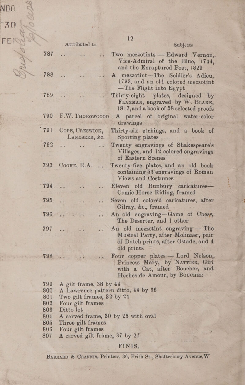12 Attributed to Subjects 184 rn .. Two mezzotints — Edward Vernon, Vice-Admiral of the Blue, |744,. | and the Enraptured Poet, 1829 rRelepnoe a .« A mezzotint—The Soldier’s Adieu, 1793, and an old eclored mezzotint —The Flight into Egypt cb oN! ben ee .. Thirty-eight plates, designed by FLAXMAN, engraved by W. Brake, 1817,and a book of 58 selected proofs 790) =F.W. fe ls A parcel of original water-color drawings 791 Cops, Creswick, Thirty-six etchings, and a book of LANDSEER, &amp;c. Sporting plates Oy aaa :a .. Twenty engravings of Shakespeare’s Villages, and 12 colored engravings. of Eastern Scenes 793 Cooke, R.A. .. Twenty-five plates, and an old book i containing 53 engravings of Roman _ Views and Costumes 194: es aif .. Eleven old Bunbury caricatures— Comic Horse Riding, framed MOD Ar .. Seven old colored caricatures, after Gilray, &amp;c., framed Yak aad ORS ca 3. old angravinge= Gre at Chess,. The Deserter, and | other (OL hes ae .. An old mezzotint engraving — The Musical Party, after Molinaer, pair of Dutch prints, after Ostade, and 4. old prints 798... a .. Four copper plates — Lord Nelson,. Princess Mary, by Narrisr, Girl with a Cat, after Boucber, and Heches de Amour, by BoucHER 799 A gilt frame, 38 by 44 © 800 A Lawrence pattern ditto, 44 by 36 801 Two gilt frames, 32 by 2% 802 Four gilt frames 803 Ditto lot 804 A carved frame, 30 by 25 with oval 805 Three gilt frames 806 Four gilt frames ° 807 A carved gilt frame, 37 by aT | FINIS., BAaBNARD &amp; CRANNIS, Printers, 36, Frith St., Shaftesbury Avenue, W were