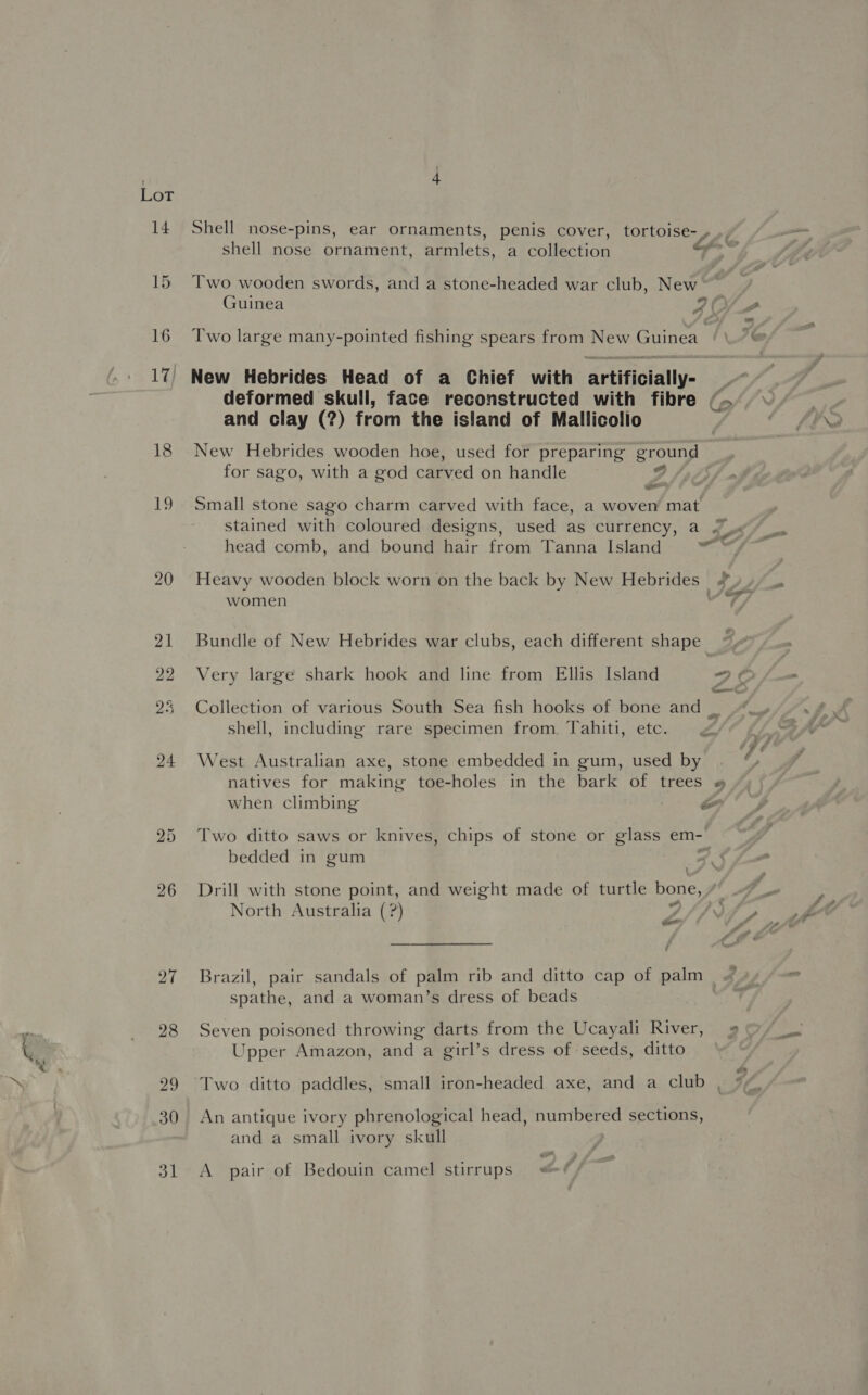 14 Shell nose-pins, ear ornaments, penis cover, tortoise-, shell nose ornament, armlets, a collection ay 15 Two wooden swords, and a stone-headed war club, New Guinea 7 fi Fg . 16 Two large many-pointed fishing spears from New Guinea 17° New Hebrides Head of a Chief with artifioiallye deformed skull, face reconstructed with fibre (. and clay (?) from the island of Mallicolio j 18 New Hebrides wooden hoe, used for preparing roa for sago, with a god carved on handle 19 Small stone sago charm carved with face, a woven mat stained with coloured designs, used as currency, a 2x head comb, and bound hair from Tanna Island bigt es 20 Heavy wooden block worn on the back by New Hebrides women Cf 21 Bundle of New Hebrides war clubs, each different shape 22. Very large shark hook and line from Ellis Island 2 © 23 Collection of various South Sea fish hooks of bone and _ shell, including rare specimen from. Tahiti, etc. 24 West Australian axe, stone embedded in gum, used by a natives for making toe-holes in the bark of trees » when climbing 25 Two ditto saws or knives, chips of stone or glass em- bedded in gum ? 26 Drill with stone point, and weight made of turtle bone,, od North Australia (?) NM =&lt; 27 Brazil, pair sandals of palm rib and ditto cap of palm spathe, and a woman’s dress of beads 28 Seven poisoned throwing darts from the Ucayali River, ~» Upper Amazon, and a girl’s dress of seeds, ditto 29 Two ditto paddles, small iron-headed axe, and a club 30 An antique ivory phrenological head, numbered sections, and a small ivory skull 31 &lt;A pair of Bedouin camel stirrups