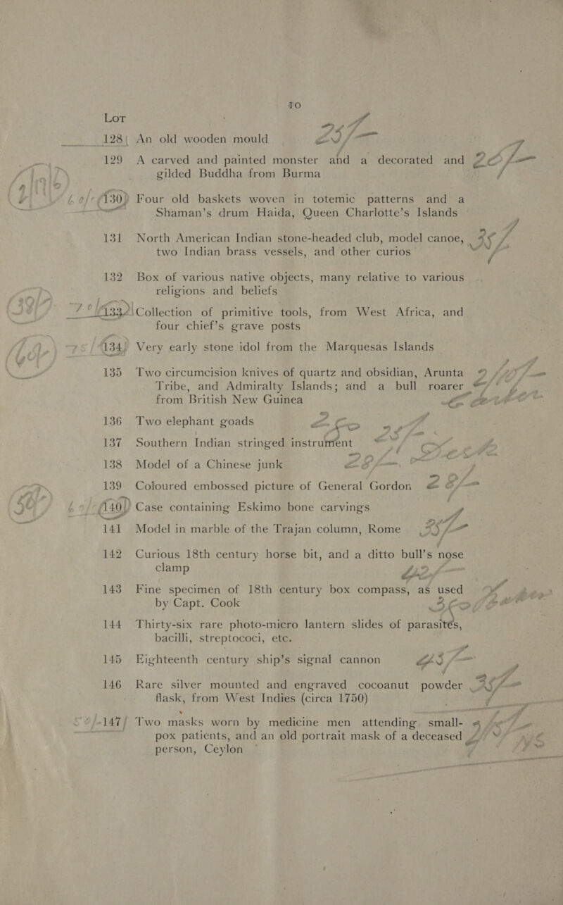 Io 4 Fa» y ” ga ia, Fs A carved and painted monster and a decorated and Zc gilded Buddha from Burma : Shaman’s drum Haida, Queen Charlotte’s Islands », North American Indian stone-headed club, model canoe, 15 y two Indian brass vessels, and other curios— b / Box of various native objects, many relative to various religions and _ beliefs four chief’s grave posts Very early stone idol from the Marquesas Islands Two circumcision knives of quartz and obsidian, Arunta © , Tribe, and Admiralty Islands; and a bull roarer © from British New Guinea oi et “ o>) / 7 Two elephant goads — Co oy « Southern Indian stringed instrument 7 Model of a Chinese junk ZF me ir Coloured embossed picture of General Gordon a ohm Case containing Eskimo bone carving's ye Model in marble of the Trajan column, Rome 2 Curious 18th century horse bit, and a ditto bull’s nose clamp L2f Fine specimen of 18th century box compass, as used y by Capt. Cook 3 E of oF Thirty-six rare photo-micro lantern slides of parasités, bacilli, streptococi, ete. Eighteenth century ship’s signal cannon Hod, _ . ; ? Rare silver mounted and engraved cocoanut powder _ J/ flask, from West Indies (circa 1750) : Two masks worn by medicine men attending small- « | pox patients, and an old portrait mask of a deceased oi ™ person, Ceylon — | 7