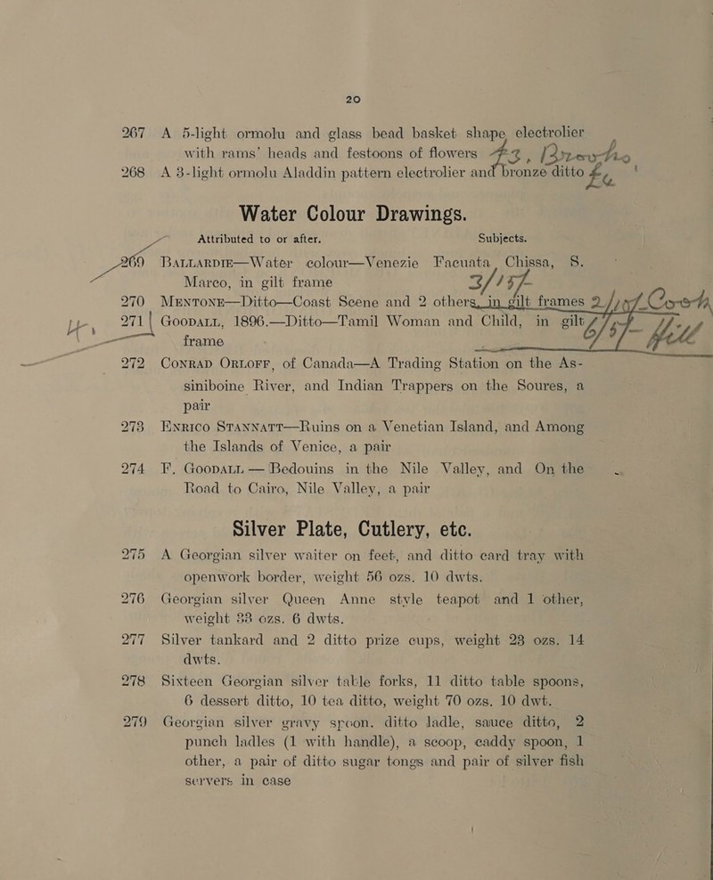 > — 267 A 5-light ormolu and glass bead basket shape electrolier with rams’ heads and festoons of flowers 43. Browthe 268 A 3-light ormolu Aladdin pattern electrolier anc aude ditto £ fe Water Colour Drawings. ee: Attributed to or after. Subjects. 8s BALLARDIE—Water colour—Venezie Facuata, Chissa, 58. Marco, in gilt frame “$/ 4% /-     270 MeEntone—Ditto—Coast Scene and 2 other gilt frames 2// Keen 271 | GoopaLL, 1896.—Ditto—Tamil Woman and Child, in gilt ts — frame bo 72 Conrad OrtoFr, of Canada—A Trading Station on the As- siniboine River, and Indian Trappers on the Soures, a pair 2738 Enrico Stannatt—Ruins on a Venetian Island, and Among the Islands of Venice, a pair 274 F. Goopatt —'Bedouins in the Nile Valley, and On the Road to Cairo, Nile Valley, a pair  Silver Plate, Cutlery, etc. A Georgian silver waiter on feet, and ditto eard tray with bo =~ Or openwork border, weight 56 ozs. 10 dwts. 276 Georgian silver Queen Anne style teapot and 1 other, weight 88 ozs. 6 dwts. 277 Silver tankard and 2 ditto prize cups, weight 23 ozs. 14 dwts. 278 Sixteen Georgian silver takle forks, 11 ditto table spoons, 6 dessert ditto, 10 tea ditto, weight 70 ozs. 10 dwt. 279 Georgian silver gravy spoon. ditto ladle, sauce ditto, 2 punch ladles (1 with handle), a scoop, caddy spoon, 1 other, a pair of ditto sugar tongs and pair of silver fish servers In case