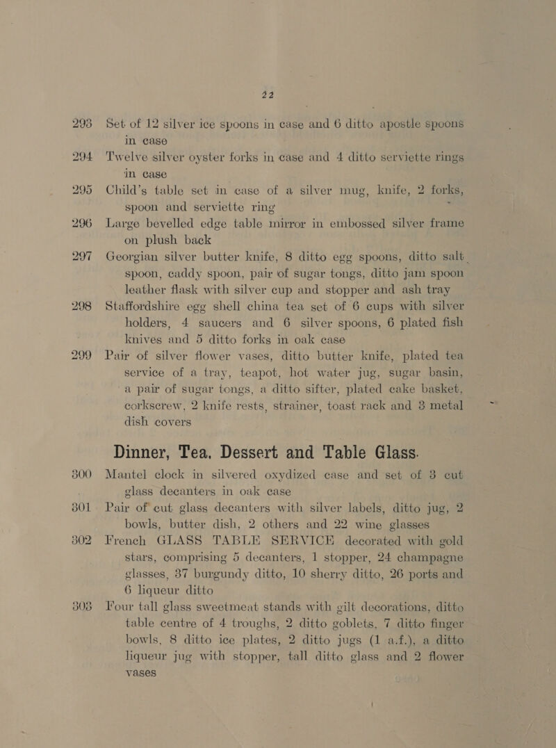 293 Set of 12 silver ice spoons in case and 6 ditto apostle spoons in. case 294 Twelve silver oyster forks in case and 4 ditto serviette rings im case 295 Child’s table set in case of a silver mug, knife, 2 forks, spoon and serviette ring : 296 Large bevelled edge table mirror in embossed silver frame on plush back 297 Georgian silver butter knife, 8 ditto egg spoons, ditto salt. spoon, caddy spoon, pair of sugar tongs, ditto Jam spoon leather flask with silver cup and stopper and ash tray 298 Staffordshire egg shell china tea set of 6 cups with silver holders, 4 saucers and 6 silver spoons, 6 plated fish knives and 5 ditto forks in oak case 299 Pair of silver flower vases, ditto butter knife, plated tea service of a tray, teapot, hot water jug, sugar basin, “a pair of sugar tongs, a ditto sifter, plated cake basket, corkscrew, 2 knife rests, strainer, toast rack and 3 metal dish covers Dinner, Tea, Dessert and Table Glass. 800 Mantel clock in silvered oxydized case and set of 3 cut glass decanters in oak case 801 Pair of cut glass decanters with silver labels, ditto jug, 2 bowls, butter dish, 2 others and 22 wine glasses 802. French GLASS TABLE SERVICE decorated with gold stars, comprising 5 decanters, 1 stopper, 24 champagne glasses, 87 burgundy ditto, 10 sherry ditto, 26 ports and 6 liqueur ditto Four tall glass sweetmeat stands with gilt decorations, ditto table centre of 4 troughs, 2 ditto goblets, 7 ditto finger bowls, 8 ditto ice plates, 2 ditto jugs (1 a.f.), a ditto liqueur jug with stopper, tall ditto glass and 2 flower vases 9 S es