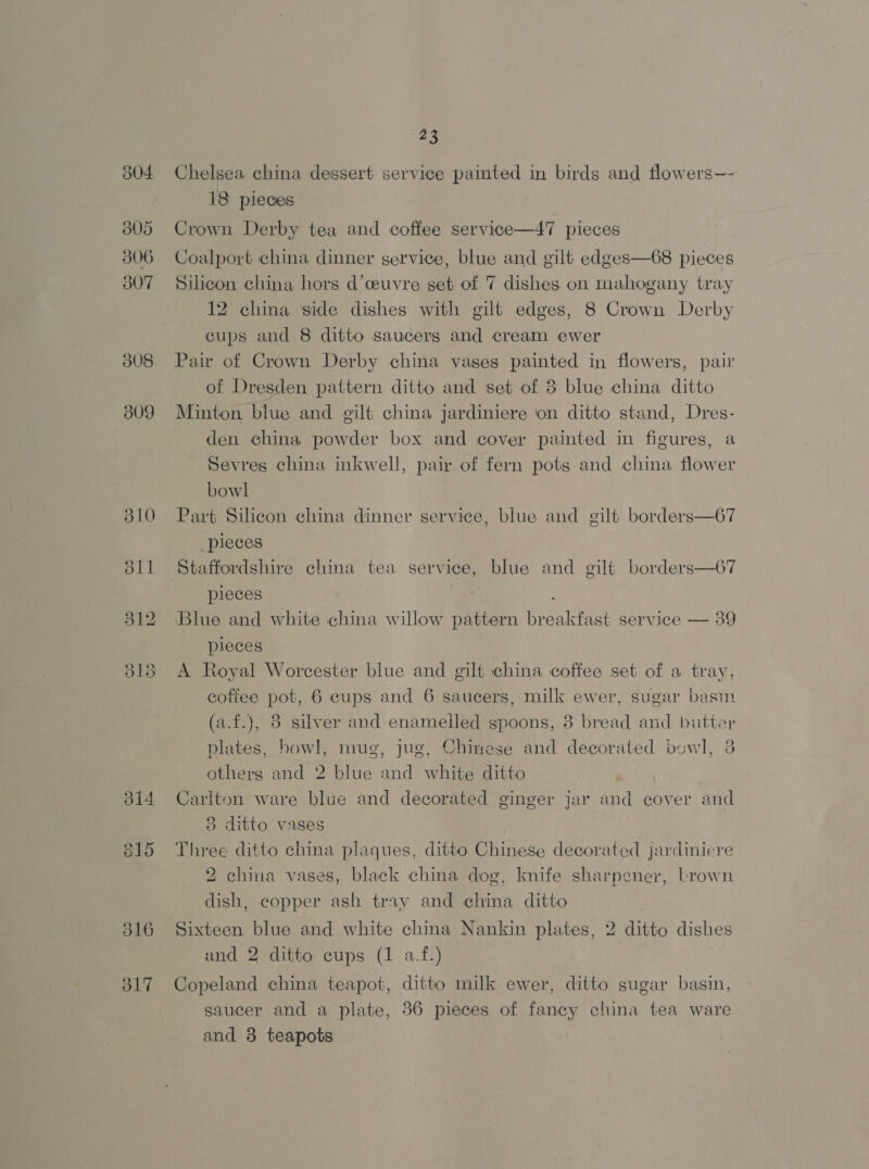 304 305 306 307 308 309 310 oll 312 o14 515 316 317 23 Chelsea china dessert service painted in birds and flowers—- 18 pieces Crown Derby tea and coffee service—47 pieces Coalport china dinner gervice, blue and gilt edges—68 pieces Silicon china hors d’ceuvre set of 7 dishes on mahogany tray 12 china side dishes with gilt edges, 8 Crown Derby cups and 8 ditto saucers and cream ewer Pair of Crown Derby china vases painted in flowers, pair of Dresden pattern ditto and set of 3 blue china ditto Minton blue and gilt china jardiniere ‘on ditto stand, Dres- den china powder box and cover painted in figures, a Sevres china inkwell, pair of fern pots and china flower bowl Part Silicon china dinner service, blue and gilt borders—67 _pieces Staffordshire china tea service, blue and gilt borders—67 pieces ; Blue and white china willow pattern breakfast service — 39 pieces A Royal Worcester blue and gilt china coffee set of a tray, coffee pot, 6 cups and 6 saucers, milk ewer, sugar basin (a.f.), 8 silver and enameiled spoons, 3 bread and bitter plates, bowl, mug, jug, Chinese and decorated vowl, 3 others and 2 blue and white ditto mg Carlton ware blue and decorated ginger jar and cover and 8 ditto vases Three ditto china plaques, ditto Chinese decorated jardinicre 2 china vases, black china dog, knife sharpener, Lrown dish, copper ash tray and china ditto Sixteen blue and white china Nankin plates, 2 ditto dishes und 2 ditto cups (1 a.f.) Copeland china teapot, ditto milk ewer, ditto sugar basin, saucer and a plate, 36 pieces of fancy china tea ware