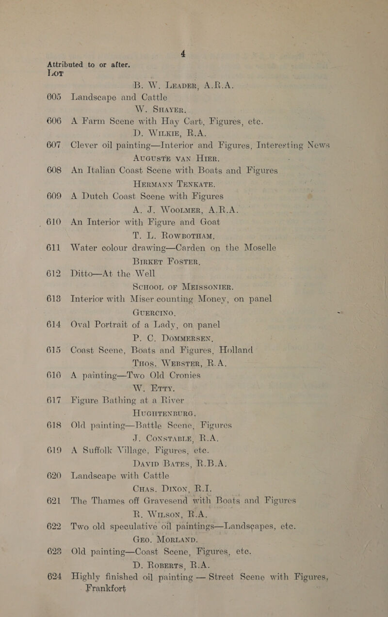 Lor iB. W. Leapsr, A.R.A. 605 Landscape and Cattle W. SHAYER. 606 A Farm Scene with Hay Cart, Figures, etc. D. Wiuxig, R.A. 607. Clever oil painting—Interior and Figures, Interesting News AUGUSTE VAN HIkEr. 608 An Italian Coast Scene with Boats and Figures HERMANN TENKATE. 609 A Dutch Coast Scene with Figures A. J. Wooumer, A.R.A. _ 610 An Interior with Figure and Goat T. L. RowsortHay, 611 Water colour drawing—Carden on the Moselle BrrKET FOSTER, 612 Ditto—At the Well ScHoon oF MEISSONIER. 618 Interior with Miser counting Money, on panel GUERCINO, 3 614 Oval Portrait of a Lady, on panel P. C. DommERsEN, 615 Coast Scene, Boats and Figures, Holland Tuos, Wessrer, R.A. 616 &lt;A painting—Two Old Cronies W.. Erry. 617 Figure Bathing at a River HUGHTENBURG. 618 Old painting—Battle Scene, Figures J. CONSTABLE, R.A, 619 &lt;A Suffolk Village, Figures, ete. Davin ‘Batss, R.B.A; 620 Landscape with Cattle Cuas. Dixon, R.I. 621 The Thames off Gravesend with Boats and Figures R. Winson, B.A.  622 Two old speculative oil paintings—Landseapes, ete. GEO. MoRLAND. 628 Old painting—Coast Scene, Figures, ete. D. Roperts, R.A. 624 Highly finished oil painting — Street Scene with Figures, . Frankfort