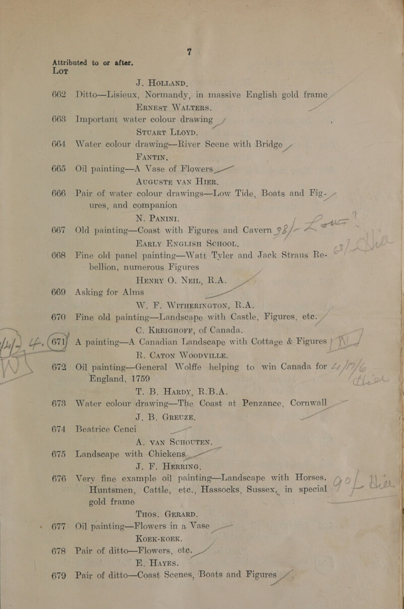 Lot J. HOLLAND, 662 Ditto—Lisieux, Normandy, in massive English gold frame ERNEST WALTERS. 663 Important water colour drawing Sruart Luoyp, — 664 Water colour drawing—River Scene with Bridge FANTIN, | 665 Oil painting—A Vase of Flowers ~~ AUGUSTE VAN HIER, 666 Pair of water colour drawings—Low Tide, Boats and Fig- ures, and companion N. PANINI. Pe Le as 667 Old painting—Coast with Figures and Cavern 95 /~ ~~ . | Farty EnGiisn ScHoor, | 668 Tine old panel painting—Watt Tyler and Jack Straus Re- bellion, numerous Figures Henry O. Nuit, R.A. | 669 Asking for Alms mage W. F. Wrrugrincton, R.A. 670 Fine old paintinge—Landscape with Castle, Figures, ete. / / 7 el C. Kreicnorr, of Canada. Lb. ( 671) A painting—A Canadian Landscape with Cottage &amp; Figures | /\_/ cei EE R. Caton WoopvitieE. i 672 Oil painting—General Wolffe helping to win Canada for England, 1759 eae seLAR DV Ribs 673 Water colour drawing—The Coast at Penzance, Cornwall J. B. GREUZE, 674 Beatrice Cenci Bey A. VAN SCHOUTEN. 675 Landscape with Chickens...—~ | J. F. HERRInG, 676 Very fine example oil painting—Landscape with Horses, Huntsmen, Cattle, etc., Hassocks, Sussex, in special gold frame THOS. GERARD. . 677 Oil painting—Flowers in a Vase _ KOEK-KOEK. 678 Pair of ditto—Flowers, ete, ’ He Haves. ~ 679 Pair of ditto—Coast Scenes, Boats and Figures we = l Paes \ Me ad