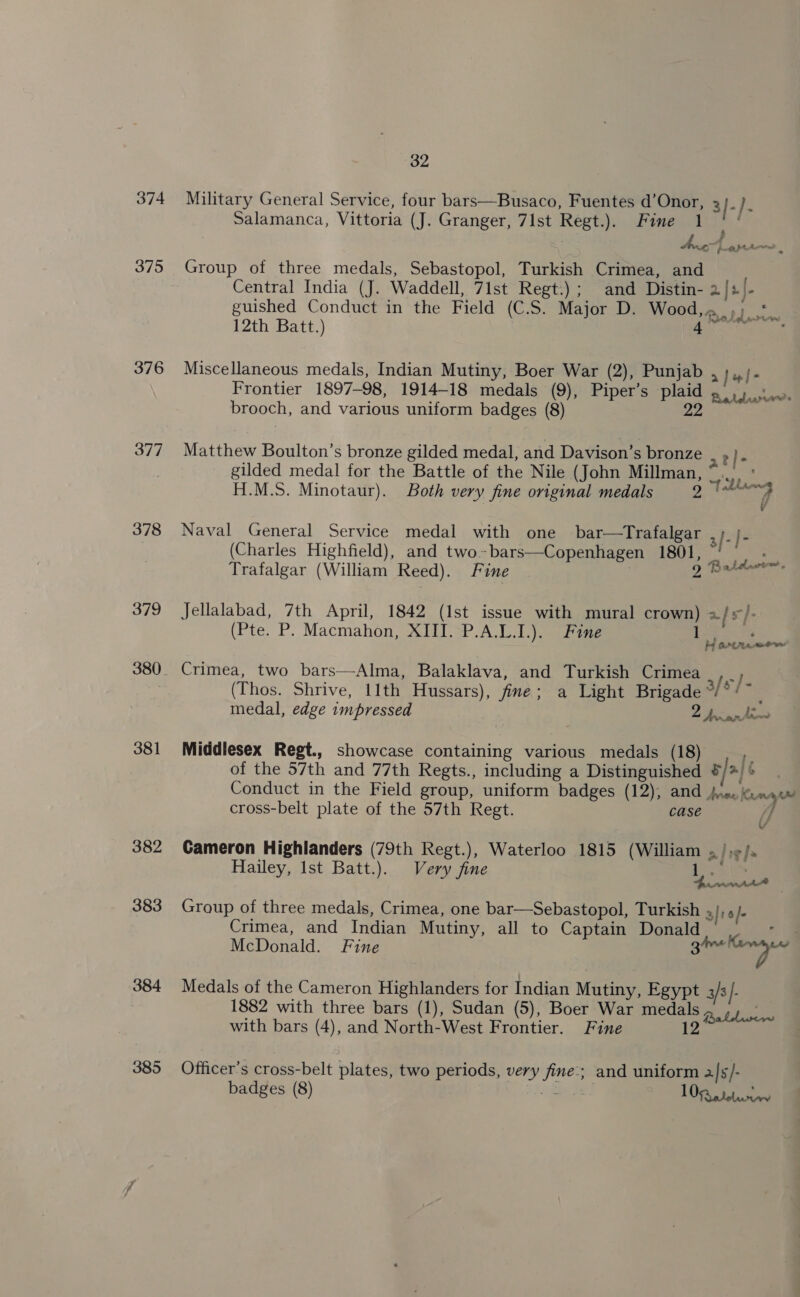 374 Military General Service, four bars—Busaco, Fuentes d’Onor, 2 |- Salamanca, Vittoria (J. Granger, 7Ist Regt.). Fine 1 ott a ae 375 Group of three medals, Sebastopol, Turkish Crimea, and | Central India (J. Waddell, 71st Regt.) ; and Distin- 2|+)- guished Conduct in the Field (C.S. Major D. Wood, pron 12th Batt.) a : 376 Miscellaneous medals, Indian Mutiny, Boer War (2), Punjab , J l- Frontier 1897-98, 1914-18 medals (9), Piper’s plaid ayy eee brooch, and various uniform badges (8) 22 377 Matthew Boulton’s bronze gilded medal, and Davison’s bronze , »}. gilded medal for the Battle of the Nile (John Millman, Se H.M.S. Minotaur). Both very fine original medals 2 oe 378 Naval General Service medal with one bar—tTrafalgar 3[-]- | (Charles Highfield), and two-bars—Copenhagen 1801, . Trafalgar (William Reed). Fine — | Deanery: 379 Jellalabad, 7th April, 1842 (Ist issue with mural crown) af s*]- (Pte. P. Macmahon, XIII. P.A.L.I.). Fine i 18 380. Crimea, two bars—Alma, Balaklava, and Turkish Crimea Ad 7 (Thos. Shrive, 11th Hussars), fine; a Light Brigade */*/~_ medal, edge impressed 2 381 Middlesex Regt., showcase containing various medals (18)  of the 57th and 77th Regts., including a Distinguished / a he Conduct in the Field group, uniform badges (12), and A... Keamayas cross-belt plate of the 57th Regt. case /j b 382 Cameron Highlanders (79th Regt.), Waterloo 1815 (William a) igi Hailey, Ist Batt.). Very fine Hee eis 383 Group of three medals, Crimea, one bar—Sebastopol, Turkish . |r 6/6 Crimea, and Indian Mutiny, all to Captain Donald McDonald. Fine gh seat ot : 384 Medals of the Cameron Highlanders for Indian Mutiny, Egypt 3/s/- 1882 with three bars (1), Sudan (5), Boer War medals POY with bars (4), and North-West Frontier. Fine 12 385 Officer’s cross-belt plates, two periods, very fine; and uniform 2]s/- badges (8) Rhee LOGS lela