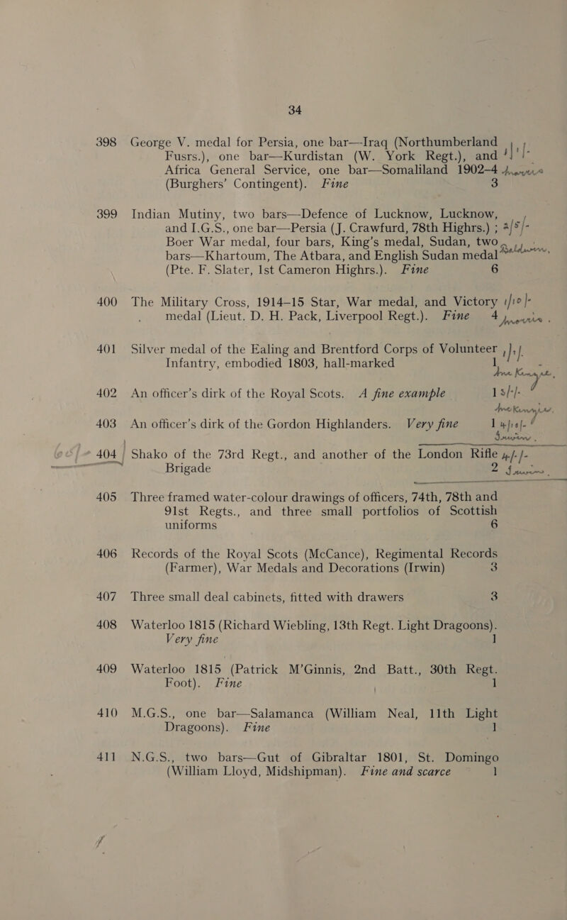 398 399 400 410 41] 34 George V. medal for Persia, one bar—Iraq (Northumberland Fusrs.), one bar—Kurdistan (W. York Regt.), and i} f- Africa General Service, one bar—Somaliland bees ee ye (Burghers’ Contingent). Fine 3 Indian Mutiny, two bars—Defence of Lucknow, Lucknow, and I.G.S., one bar—Persia (J. Crawfurd, 78th Highrs.) ; als |- Boer War ‘medal, four bars, King’s medal, Sudan, ste bars—Khartoum, The Atbara, and English Sudan medal ies. (Pte. F. Slater, Ist Cameron Highrs.). Fane 6 The Military Cross, 1914-15 Star, War medal, and Victory iro} medal (Lieut. D. H. Pack, Liverpool Regt.). Fine 4 even Silver medal of the Ealing and Brentford Corps of Volunteer ; } l. Infantry, embodied 1803, hall-marked 1 : . a eo An officer’s dirk of the Royal Scots. A fine example | 1 3/-/: Ave Kir An officer’s dirk of the Gordon Highlanders. Very fine Se 4 MAMAS, Three framed water-colour drawings of officers, 74th, 78th my 91st Regts., and three small portfolios of Scottish uniforms 6 Records of the Royal Scots (McCance), Regimental Records (farmer), War Medals and Decorations (Irwin) 3 Three small deal cabinets, fitted with drawers 3 Waterloo 1815 (Richard Wiebling, 13th Regt. Light Dragoons). Very fine ] Waterloo 1815 (Patrick M’Ginnis, 2nd Batt., 30th Regt. Foot). . Fine | 1 M.G.S., one bar—Salamanca (William Neal, 11th Light Dragoons). Fine ] N.G.S., two bars—Gut of Gibraltar 1801, St. Domingo (William Lloyd, Midshipman). fine and scarce ]