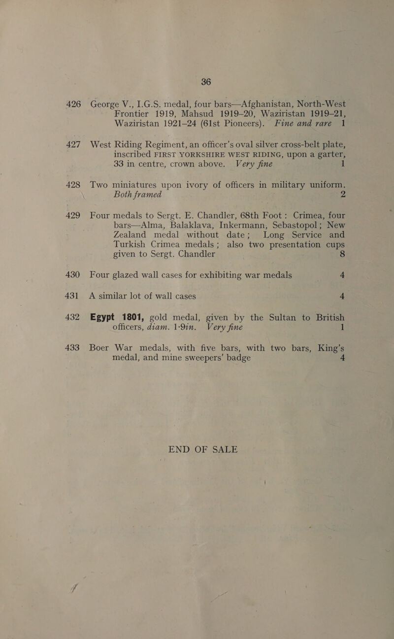 426 427 428 429 430 431 432 433 36 George V., I.G.S. medal, four bars—Afghanistan, North-West Frontier 1919, Mahsud 1919-20, Waziristan 1919-21, Waziristan 1921-24 (61st Pioneers). Fine and rare 1 West Riding Regiment, an officer’s oval silver cross-belt plate, inscribed FIRST YORKSHIRE WEST RIDING, upon a garter, 33 in centre, crown above. Very fine 1 Two miniatures upon ivory of officers in military uniform. Both framed Four medals to Sergt. E. Chandler, 68th Foot : Crimea, four bars—Alma, Balaklava, Inkermann, Sebastopol; New Zealand medal without date; Long Service and Turkish Crimea medals; also two presentation cups given to Sergt. Chandler 8 Four glazed wall cases for exhibiting war medals + A similar lot of wall cases 4 Egypt 1801, gold medal, given by the Sultan to British officers, diam. 1:91n. Very fine 1 Boer War medals, with five bars, with two bars, King’s medal, and mine sweepers’ badge END OF SALE