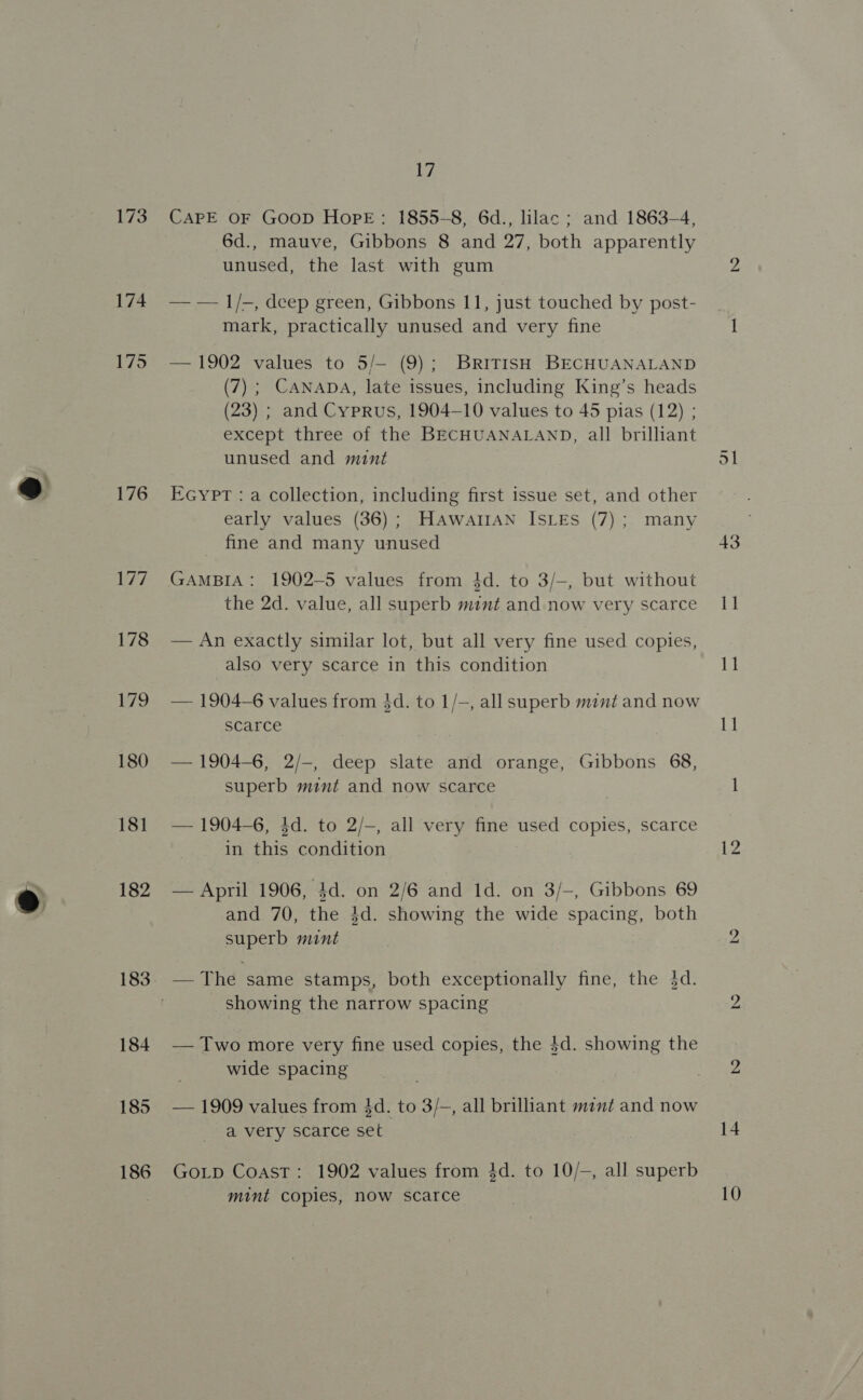 174 175 176 178 179 180 181 182 183 184 185 186 17 CAPE OF GOOD HopE: 1855-8, 6d., lilac; and 1863-4, 6d., mauve, Gibbons 8 and 27, both apparently unused, the last with gum — — 1/-, deep green, Gibbons 11, just touched by post- mark, practically unused and very fine — 1902 values to 5/— (9); British BECHUANALAND (7) ; CANADA, late issues, including King’s heads (23) ; and Cyprus, 1904-10 values to 45 pias (12) ; except three of the BECHUANALAND, all brilliant unused and mint EGyptT : a collection, including first issue set, and other early values (36) ; HAwalrAN ISLES (7); many fine and many unused GAMBIA: 1902-5 values from $d. to 3/—, but without the 2d. value, all superb mint and now very scarce — An exactly similar lot, but all very fine used copies, also very scarce in this condition — 1904-6 values from $d. to 1/-, allsuperb mint and now scarce — 1904-6, 2/-, deep slate and orange, Gibbons 68, superb mint and now scarce — 1904-6, $d. to 2/-, all very fine used copies, scarce in this condition — April 1906, 4d. on 2/6 and 1d. on 3/-, Gibbons 69 and 70, the $d. showing the wide spacing, both superb mint — The same stamps, both exceptionally fine, the $d. showing the narrow spacing — Two more very fine used copies, the $d. showing the wide spacing — 1909 values from 4d. to 3/-, all brilliant mint and now a very scarce set GoLp Coast: 1902 values from 4d. to 10/-—, all superb mint copies, now scarce bo 43 11 11