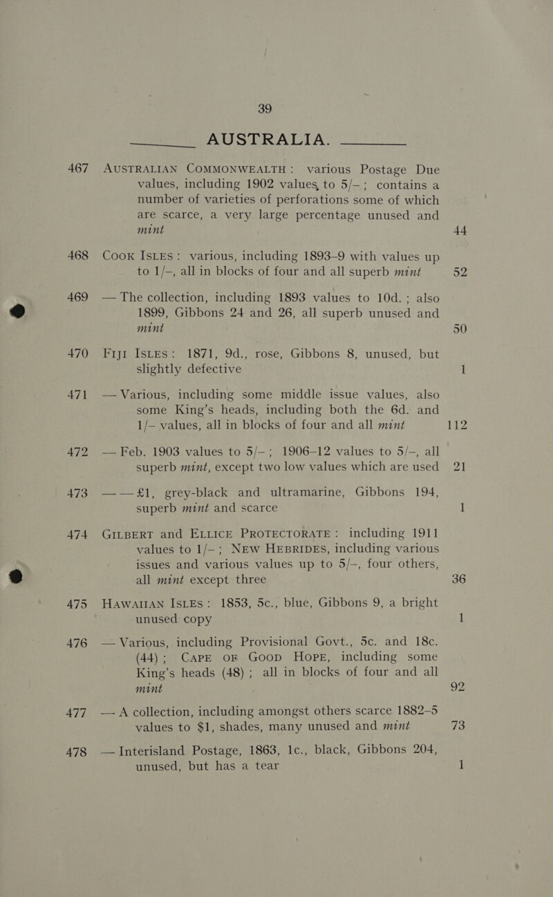 467 468 469 470 471 472 473 474 A475 476 477 478 39 AUSTRALIA.  AUSTRALIAN COMMONWEALTH: various Postage Due values, including 1902 values, to 5/—; contains a number of varieties of perforations some of which are scarce, a very large percentage unused and maint Cook ISLES: various, including 1893-9 with values up to 1/—, all in blocks of four and all superb mint — The collection, including 1893 values to 10d. ; also 1899, Gibbons 24 and 26, all superb unused and mint Fiy1 Istes: 1871, 9d., rose, Gibbons 8, unused, but slightly defective — Various, including some middle issue values, also some King’s heads, including both the 6d. and 1/— values, all in blocks of four and all mint — Feb. 1903 values to 5/—; 1906-12 values to 5/-, all superb mint, except two low values which are used —-—£l, grey-black and ultramarine, Gibbons 194, superb mint and scarce GILBERT and ELLICE PROTECTORATE: including 1911 values to 1/-; NEw HEBRIDES, including various issues and various values up to 5/-, four others, all mint except three HawallAN IsLEs: 1853, 5c., blue, Gibbons 9, a bright unused copy — Various, including Provisional Govt., 5c. and 18c. (44); CapE or Goop Hope, including some King’s heads (48); all in blocks of four and all mint — A collection, including amongst others scarce 1882-5 values to $1, shades, many unused and mint — Interisland Postage, 1863, Ic., black, Gibbons 204, unused, but has a tear +4 36 92 73