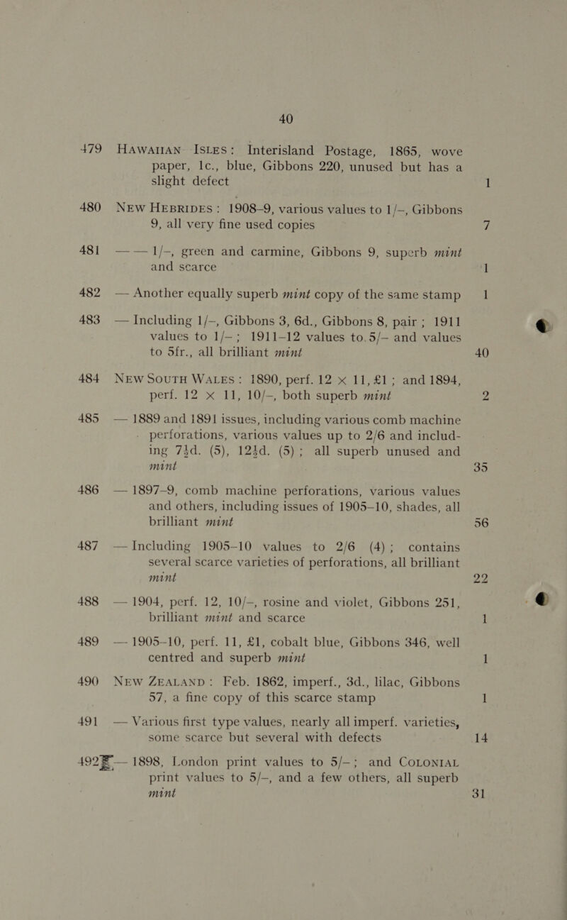 +479 486 488 489 491 40 HawauAN- Istes: Interisland Postage, 1865, wove paper, Ic., blue, Gibbons 220, unused but has a slight defect NEW HEBRIDES: 1908-9, various values to 1/—, Gibbons 9, all very fine used copies —-— l/-, green and carmine, Gibbons 9, superb mint and scarce — Another equally superb mint copy of the same stamp — Including 1/—, Gibbons 3, 6d., Gibbons 8, pair ; 1911 values to 1/—; 1911-12 values to.5/— and values to Sfr., all brilliant mnt NEw SouTH WALEs: 1890, perf. 12 x 11, £1; and 1894, perf. 12 x 11, 10/-, both superb mint — 1889 and 1891 issues, including various comb machine - perforations, various values up to 2/6 and includ- ing 73d. (5), 124d. (5); all superb unused and mint — 1897-9, comb machine perforations, various values and others, including issues of 1905-10, shades, all brilhant mint — Including 1905-10 values to 2/6 (4); contains several scarce varieties of perforations, all brilliant mint — 1904, perf. 12, 10/—, rosine and violet, Gibbons 251, brilliant mint and scarce — 1905-10, perf. 11, £1, cobalt blue, Gibbons 346, well centred and superb mint NEW ZEALAND: Feb. 1862, imperf., 3d., lilac, Gibbons 57, a fine copy of this scarce stamp — Various first type values, nearly allimperf. varieties, some scarce but several with defects print values to 5/—, and a few others, all superb 40