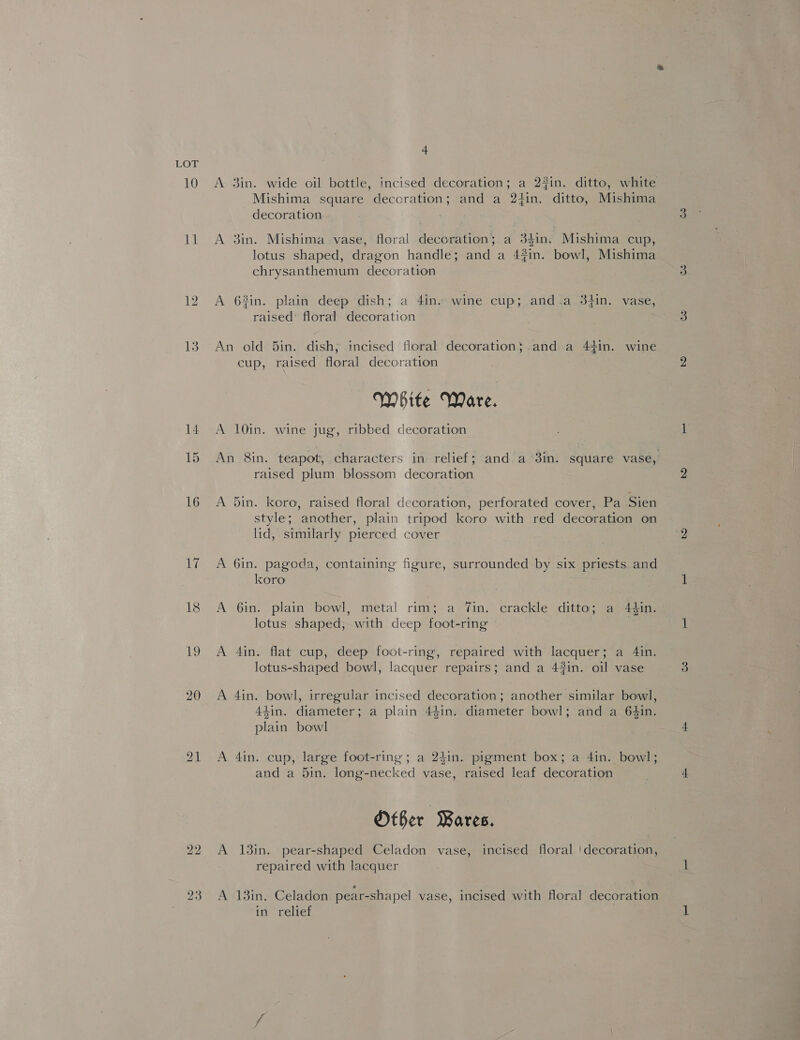 10 Abs! 13 We 18 21 22 4 A 3in. wide oil bottle, incised decoration; a 2#in. ditto, white Mishima square decoration; and a 24in. ditto, Mishima decoration A 3in. Mishima vase, floral decoration; a 34in. Mishima cup, lotus shaped, dragon handle; and a 43in. bowl, Mishima chrysanthemum decoration A 63in. plain deep dish; a 4in. wine cup; and.a 3tin. vase, raised’ floral decoration ; An old 5in. dish; incised floral decoration; and a 44in. wine cup, raised floral decoration White Ware. A 10in. wine jug, ribbed decoration raised plum blossom decoration A 5in. koro, raised floral decoration, perforated cover, Pa Sien style; another, plain tripod koro with red decoration on lid, similarly pierced cover A 6in. pagoda, containing figure, surrounded by six priests and koro A 6in. plain bowl, metal rim; a Vin. crackle ditto; a 44in. lotus shaped, with deep foot-ring A 4in. flat cup, deep foot-ring, repaired with lacquer; a 4in. lotus-shaped bowl, lacquer repairs; and a 43in. oil vase A 4in. bowl, irregular incised decoration; another similar bowl, 44in. diameter; a plain 44in. diameter bowl; and a 64in. plain bowl A 4in. cup, large foot-ring; a 24in. pigment box; a 4in. bowl; and a 5in. long-necked vase, raised leaf decoration Other Bares. A 13in. pear-shaped Celadon vase, incised floral !decoration, repaired with lacquer A 13in. Celadon pear-shapel vase, incised with floral decoration in relief