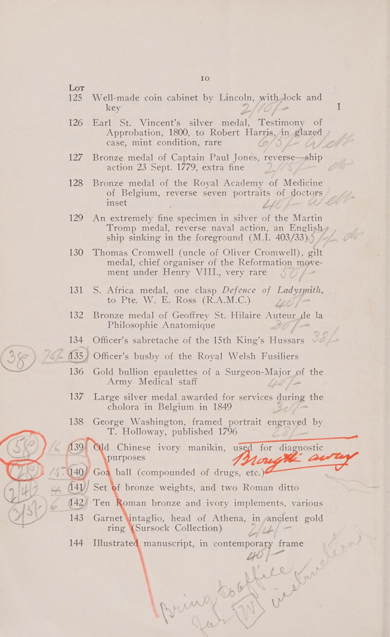 IO or, 125 Well-made coin cabinet by Lincoln, withlock and key Sh 2 126 sEHarl St. Vincents “silver mae Testimony of Approbation, 1800, to Robert Harris, | in glazed » Casee mint condition, rare 127 Bronze medal of Captain Paul ies eh action 2a 5eptl// oO exeramiine 128 Bronze medal of the Royal Academy of Medicine of Belgium, reverse seven portraits of doctors inset / 1207 PATivextremely inesspecimeninusilven Or tiem arin Tromp medal, reverse naval action, an Englishy ship sinking in the foreground (M.I. 403/33), 130 Thomas Cromwell (uncle of Oliver Cromwell), gilt medal, chief organiser of the Reformation move- mentfuudersiienmy Villvevery trace 131 S. Africa medal, one clasp Defence of Ladysyith to Pte. W. E. Ross (Gir INE) LjZee bronze medal or Geoirey ti kiname Auteur a ie Philosophie Anatomique 134 Officer’s sabretache of the 15th King’s Hussars - 035) Officer’s busby of the Royal Welsh Fusiliers Gold bullion epaulettes of a Surgeon- ee of the Army Medical staff - 137 . Large silver medal awarded for services during the cholora in Belgium in 1849 138 George Washington,: framed portrait engraved by T. Holloway, published FRAC RNNT A! Action      Id Chinese ivory manikin, use ae dia nostic purposes  ball (compounded of drugs, etc.) f bronze weights, and two Roman ditto rata 142) Ten Pp, 143° Garnet ¥ntaglio, head of Athena, in yancient gold ring (Sursock Collection) DF i oman bronze and ivory implements, various
