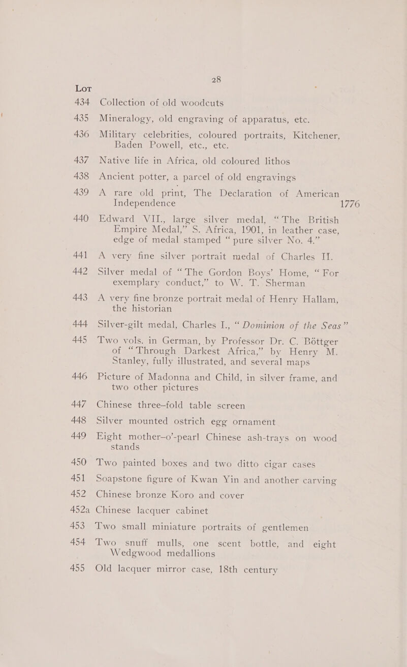 Lot 434 Collection of old woodcuts 435 Mineralogy, old engraving of apparatus, etc. 436 Military celebrities, coloured portraits, Kitchener, Baden Powell, etc., etc. 437 Native life in Africa, old coloured lithos 438 Ancient potter, a parcel of old engravings A3Oe WN “rare Sald print, The Declaration of American Independence 1776 440 Edward VII., large silver medal, “The British Empire Medal,” S. Africa, 1901, in leather case, edge of medal stamped “ pure silver No. 4.” BEY aks Veryehnensilver spoiihaitetnedamot, charles. Llp 442 Silver medal of “The Gordon Boys’ Home, “ For exemplary conduct,” to W. T..Sherman 443 A very fine bronze portrait medal of Henry Hallam, the historian 444 Silver-gilt medal, Charles I., “ Dominion of the Seas” 445 Two vols. in German, by Professor Dr. C. Béttger Of PeauhrourhesDarkest sAjmca “iby shennan Stanley, fully illustrated, and several maps 446 Picture of Madonna and Child, in silver frame, and two other pictures 447 Chinese three-fold table screen 448 Silver mounted ostrich egg ornament 449 Eight mother—o’-pearl Chinese ash-trays on wood stands 450 Two painted boxes and two ditto cigar cases 451 Soapstone figure of Kwan Yin and another carving 452 Chinese bronze Koro and cover 452a Chinese lacquer cabinet 453 Two small miniature portraits of gentlemen 494 Two snuff mulls, one scent bottle, and eight Wedgwood medallions 455 Old lacquer mirror case, 18th century
