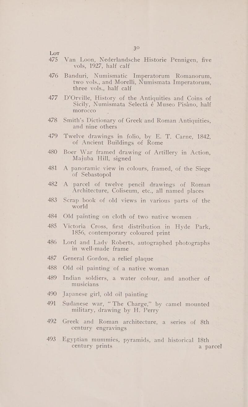 Lot 475 Van Loon, Nederlandsche Historie Pennigen, five TvOls. LO? 7aenalt ical f 476 Banduri, Numismatic Imperatorum Romanorum, two vols., and Morelli, Numismata Imperatorum, three vols., ‘half calf 477 D’Orville, History of the Antiquities and Coins of Sicily, Numismata Selecta é Museo Pisano, half morocco 478 Smith’s Dictionary of Greek and Roman Antiquities, and nine others 47 liwelve drawinossmatoliow py bei Carne, hot of Ancient Buildings of Rome 480 Boer War framed drawing of Artillery in Action, Majuba Hill, signed 481 A panoramic view in colours, framed, of the Siege of Sebastopol 482 A parcel of twelve pencil drawings of Roman Architecture, Coliseum, etc., all named places 483 Scrap book of old views in various parts of the world 484 Old painting on cloth of two native women 485 Victoria Cross, first distribution in Hyde Park, 1856, contemporary coloured print 486 Lord and Lady Roberts, autographed photographs in well-made frame 487 General Gordon, a relief plaque 488 Old oil painting of a native woman 489 Indian soldiers, a water colour, and another of musicians 490 Japanese girl, old oil painting 491 Sudanese war, “The Charge,” by camel mounted military, drawing by H. Perry 492 Greek and Roman architecture, a series of 8th century engravings 493 Egyptian mummies, pyramids, and historical 18th century prints a parcel
