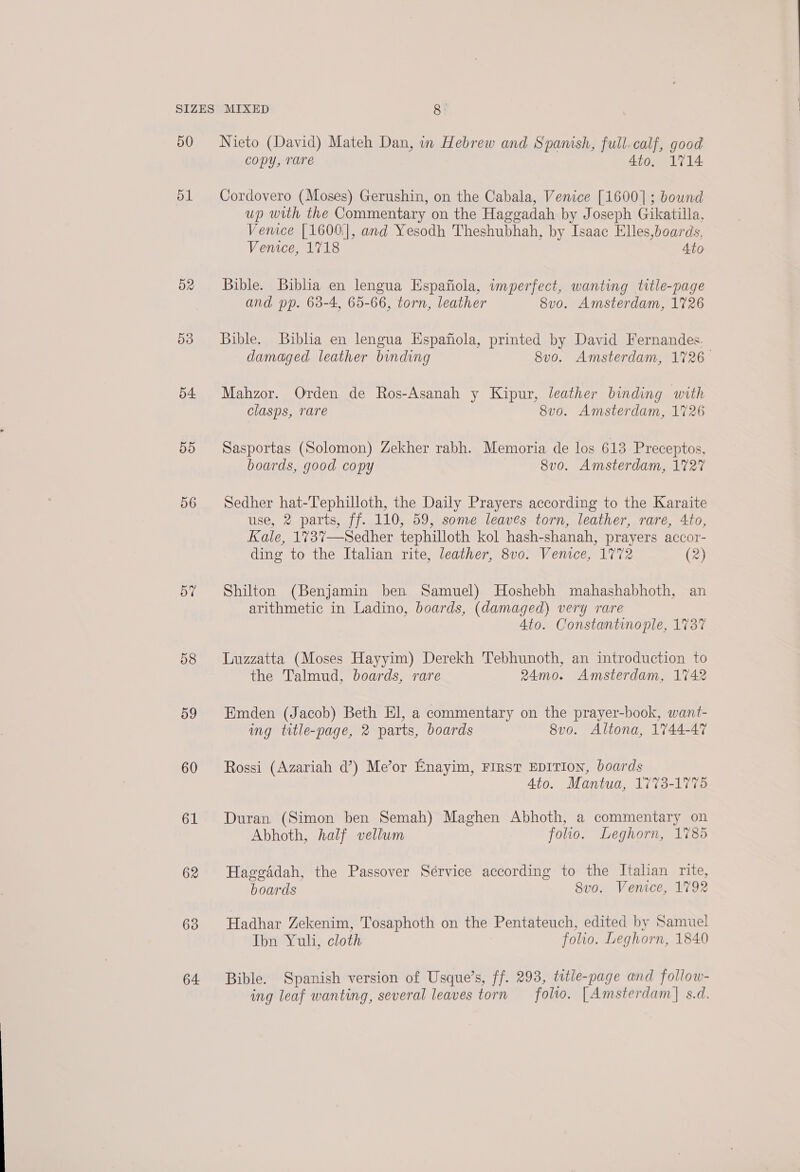 50 OL 52 5d 54. 55 56 oT 58 59 60 61 62 63 64. Nieto (David) Mateh Dan, in Hebrew and Spanish, full.calf, good copy, rare 4to, 1714 Cordovero (Moses) Gerushin, on the Cabala, Venice [1600]; bound up with the Commentary on the Haggadah by Joseph Gikatilla, Venice [1600\|, and Yesodh Theshubhah, by Isaac Elles,boards, Venice, 1718 Ato Bible. Biblia en lengua Espafiola, imperfect, wanting title-page and pp. 63-4, 65-66, torn, leather 8vo. Amsterdam, 1726 Bible. Biblia en lengua Hspafiola, printed by David Fernandes. damaged leather binding 8vo. Amsterdam, 1726 — Mahzor. Orden de Ros-Asanah y Kipur, leather binding with clasps, rare 8vo. Amsterdam, 1726 Sasportas (Solomon) Zekher rabh. Memoria de los 613 Preceptos, boards, good copy 8vo. Amsterdam, 1727 Sedher hat-Tephilloth, the Daily Prayers according to the Karaite use, 2 parts, ff. 110, 59, some leaves torn, leather, rare, 4to, Kale, 173%7—Sedher tephilloth kol hash-shanah, prayers accor- ding to the Italian rite, leather, 8vo: Venice, 1772 (2) Shilton (Benjamin ben Samuel) Hoshebh mahashabhoth, an arithmetic in Ladino, boards, (damaged) very rare Ato. Constantinople, 1737 Luzzatta (Moses Hayyim) Derekh Tebhunoth, an introduction to the Talmud, boards, rare 24mo. Amsterdam, 1742 Emden (Jacob) Beth El, a commentary on the prayer-book, want- ing title-page, 2 parts, boards 8v0. Altona, 1744-47 Rossi (Azariah d’) Me’or Enayim, FIRST EDITION, boards Ato. Mantua, 1773-1775 Duran (Simon ben Semah) Maghen Abhoth, a commentary on Abhoth, half vellum folio. Leghorn, 1785 Haggddah, the Passover Sérvice according to the Italian rite, boards 8vo. Venice, 1792 Hadhar Zekenim, Tosaphoth on the Pentateuch, edited by Samuel Ibn Yuli, cloth folio. Leghorn, 1840 Bible. Spanish version of Usque’s, ff. 293, ttle-page and follow- ing leaf wanting, several leaves torn folio. [Amsterdam] s.d.